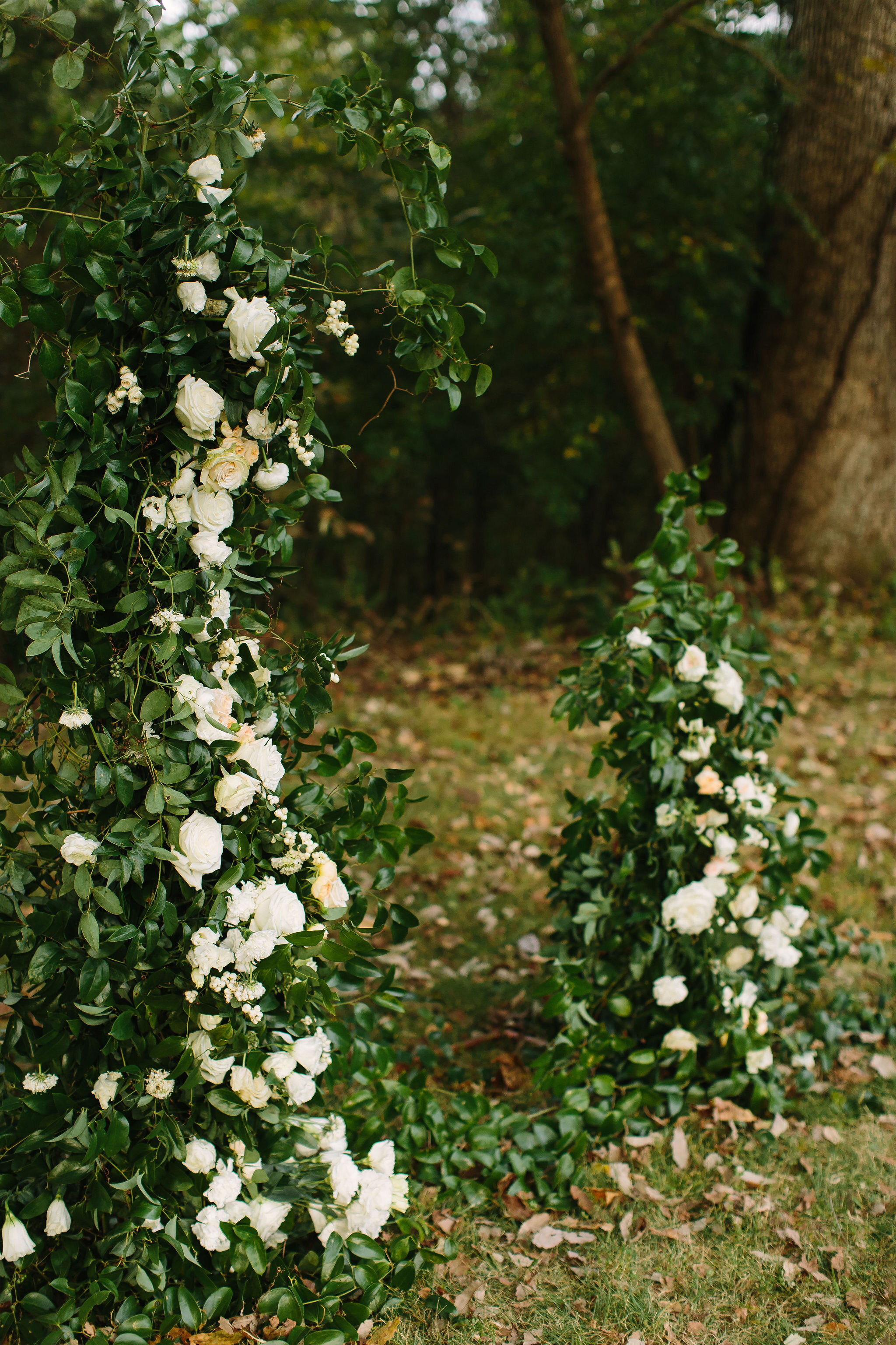 Growing, asymmetrical floral installation for the wedding ceremony backdrop. All white flowers and natural greenery. Nashville wedding florist.