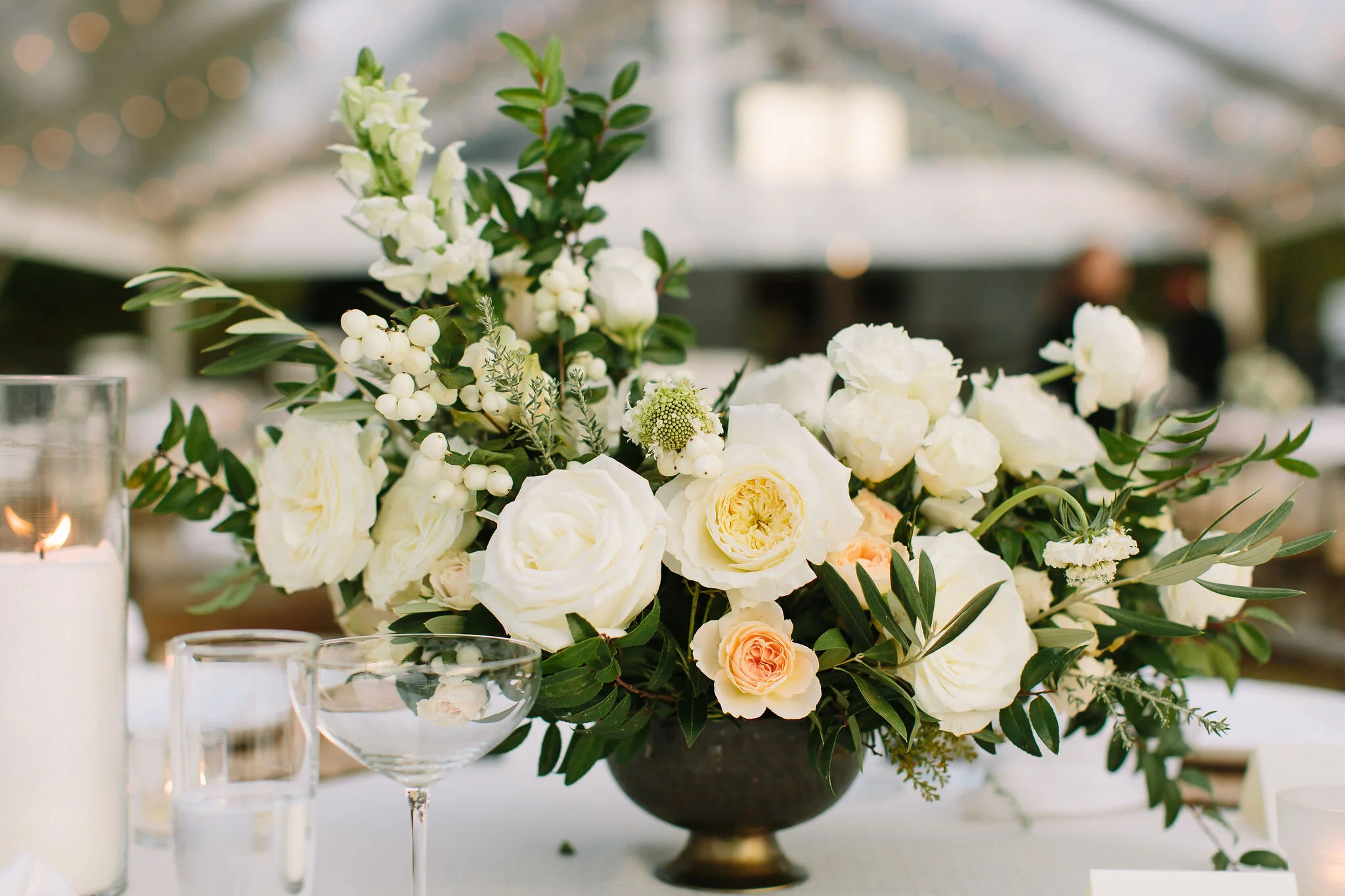 Tennessee countryside October wedding at Bloomsbury Farm with all white and greenery floral design. Nashville wedding florist.