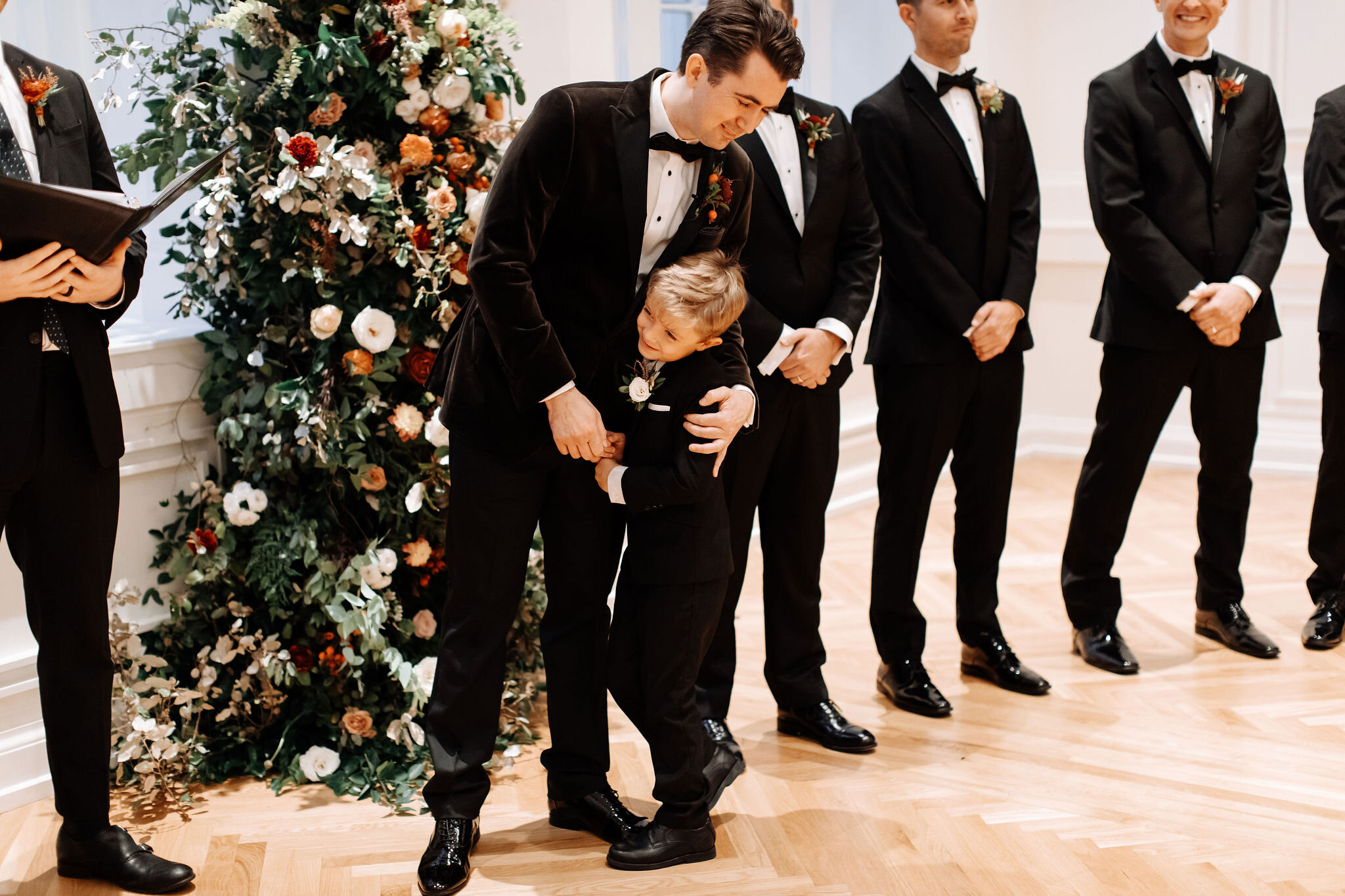 Fall wedding in the ballroom of the Noelle Boutique Hotel in downtown Nashville with lush, garden inspired floral design.
