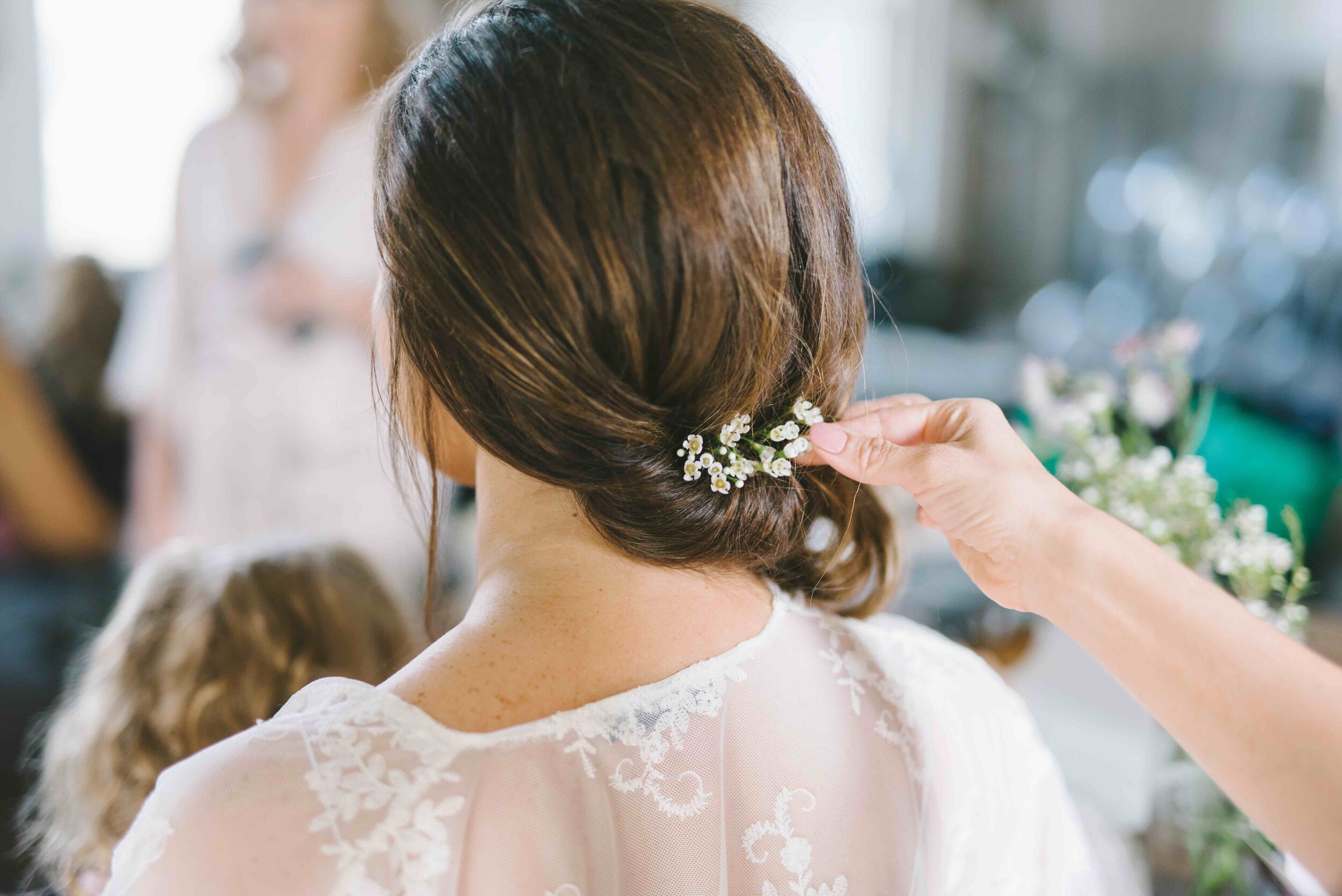 Dainty waxflowers for the bride's hair. Nashville wedding floral design.
