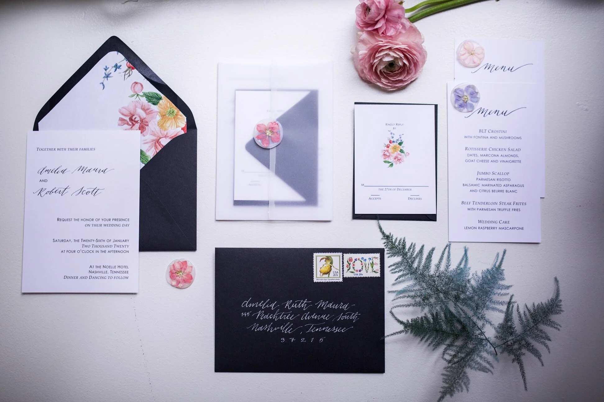 Rainbow colored floral installation with painted and dyed baby’s breath and plums ferns. Modern, minimal, colorful wedding flowers at the Noelle Hotel in downtown Nashville.