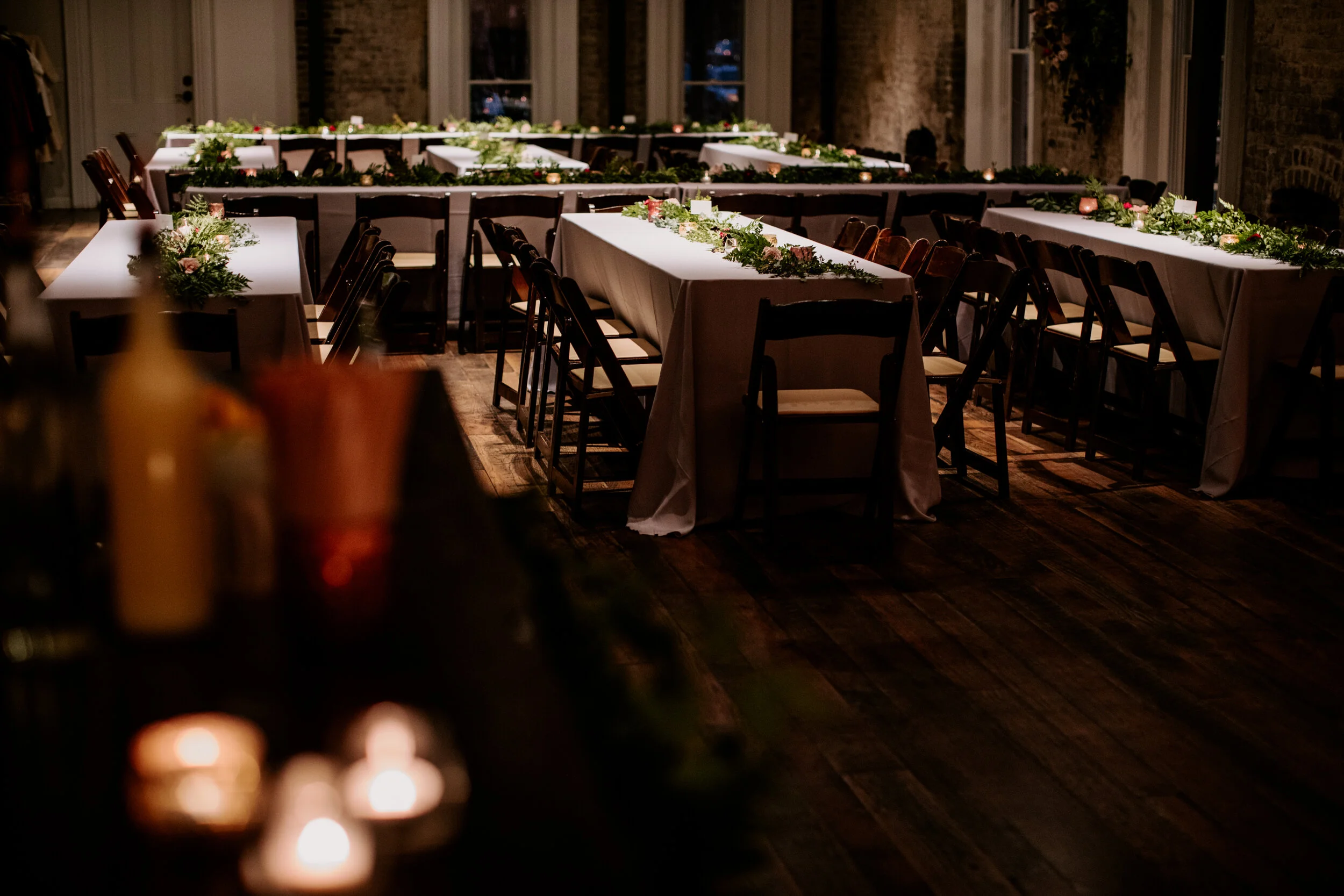 Table runner garlands of ferns and organic greenery. Nashville wedding floral design.