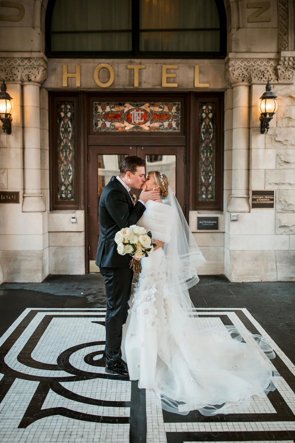 All white and greenery winter wedding flowers. Nashville wedding florist, Rosemary & Finch, at Union Station Hotel.