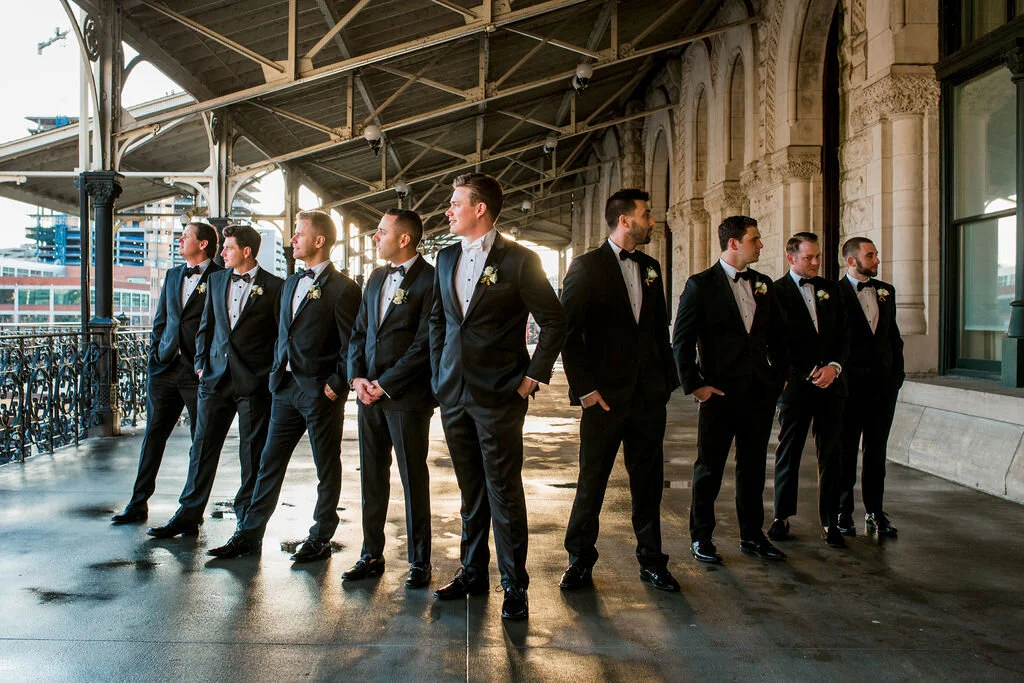 All white and greenery winter wedding flowers for a black tie wedding. Nashville wedding florist, Rosemary & Finch, at Union Station Hotel.