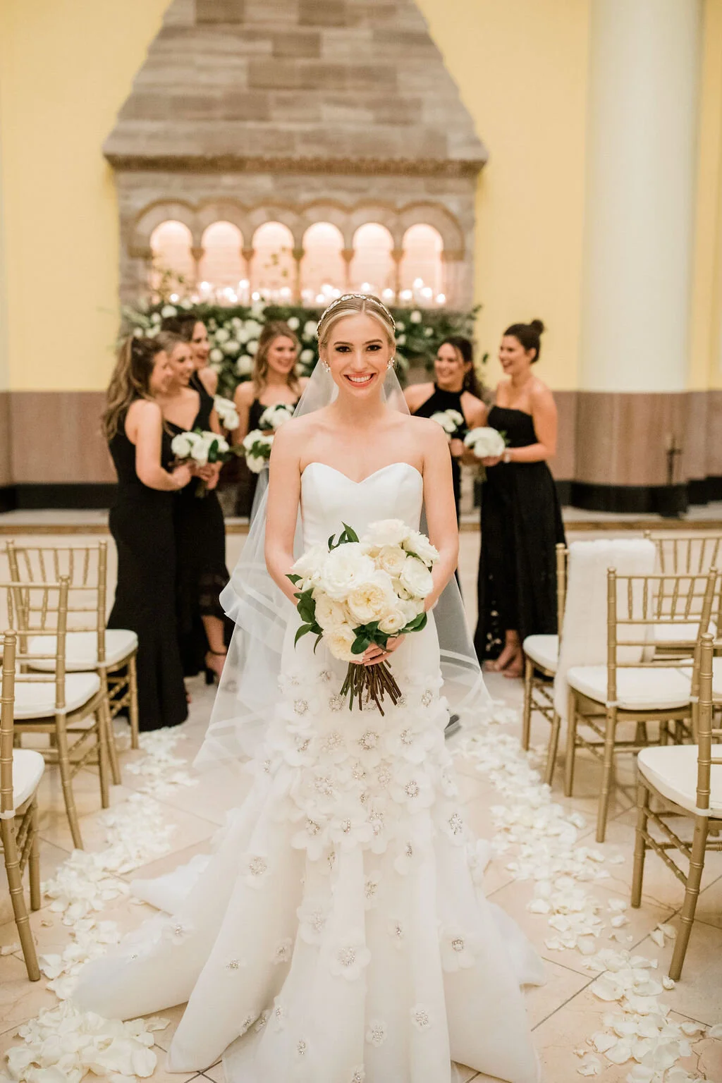 Bridal bouquet of all white garden roses and dark greenery. Nashville wedding flowers by Rosemary & Finch.