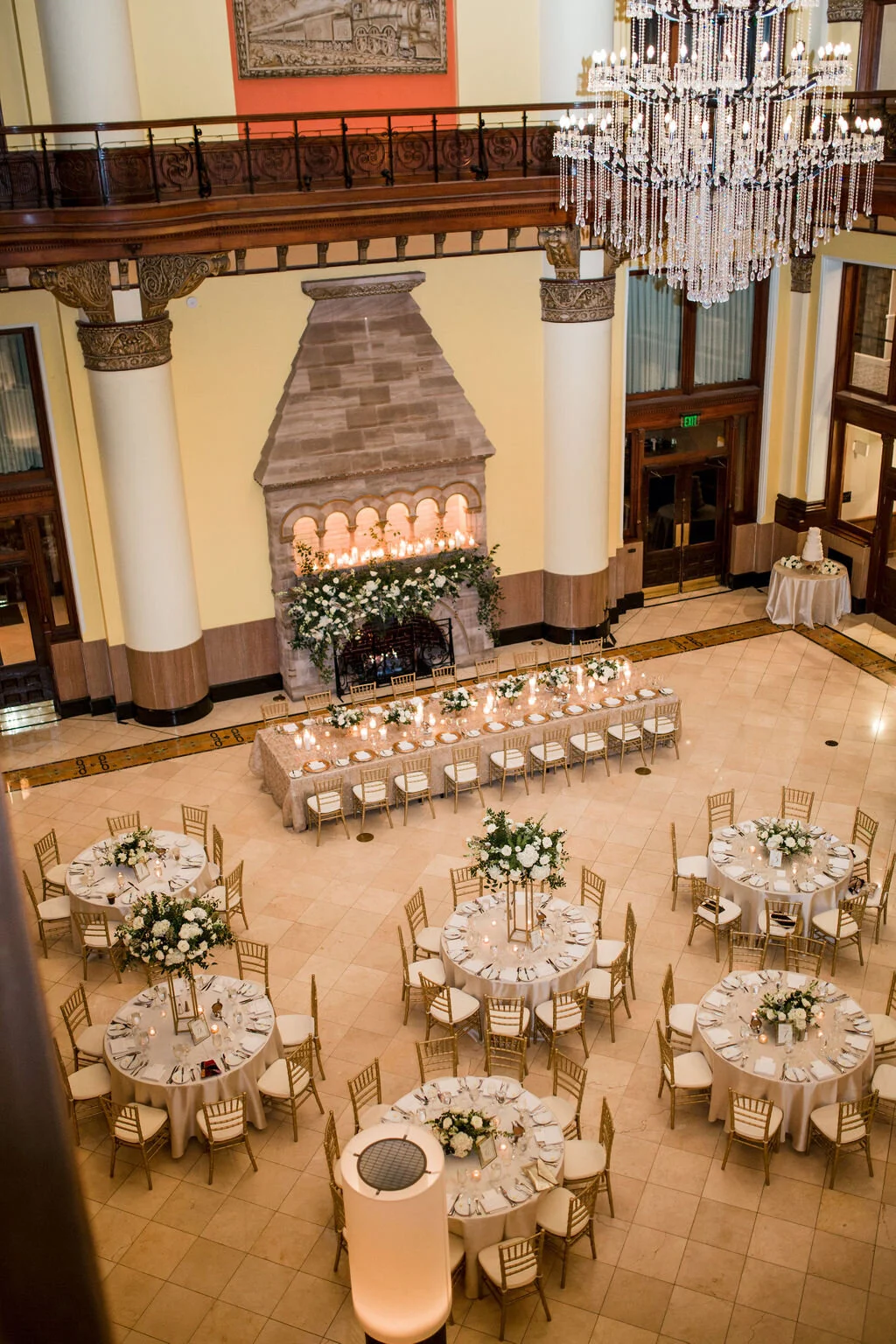 All white and greenery winter wedding flowers for a black tie wedding. Nashville wedding florist, Rosemary & Finch, at Union Station Hotel.