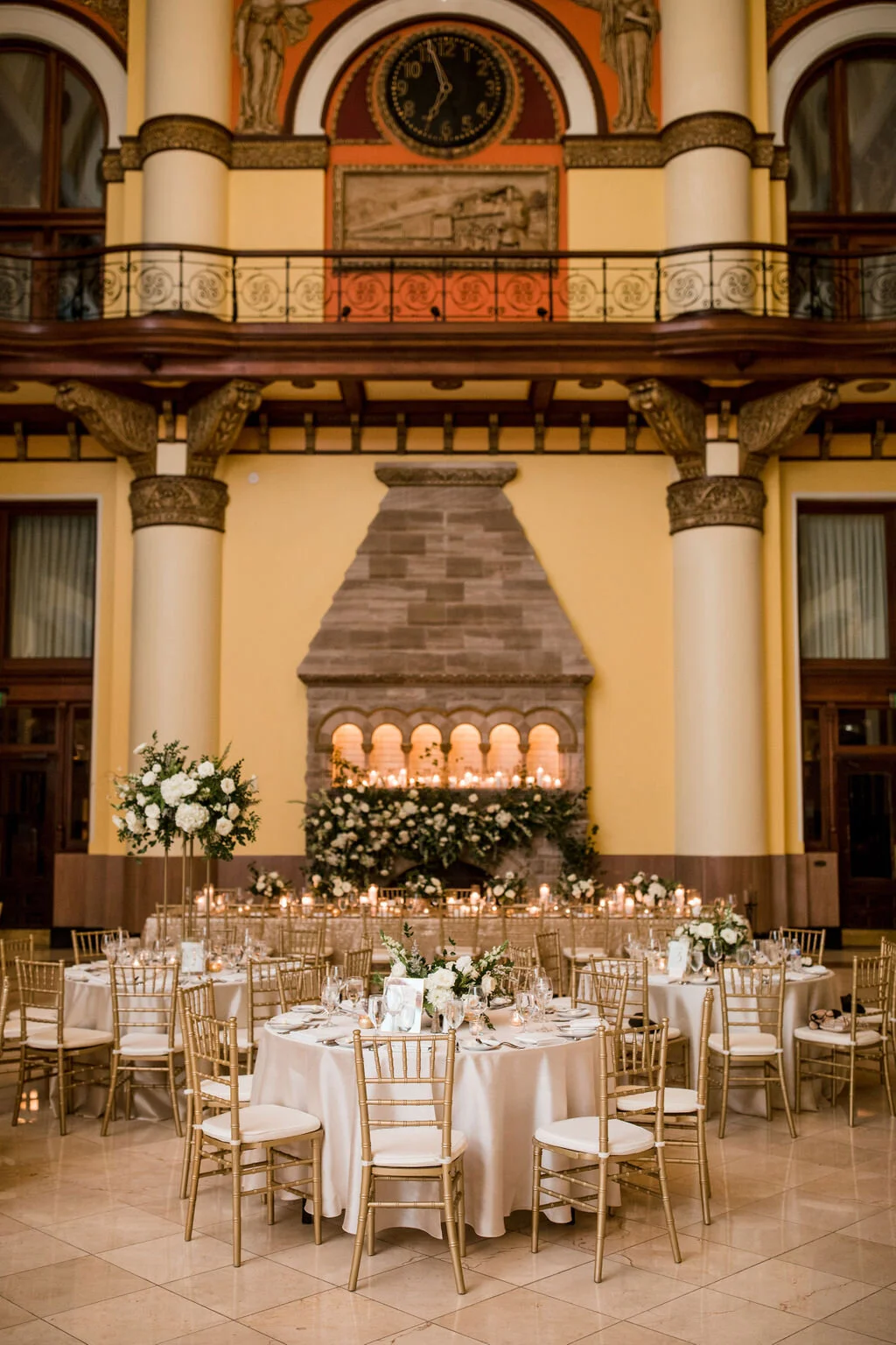 All white and greenery winter wedding flowers for a black tie wedding. Nashville wedding florist, Rosemary & Finch, at Union Station Hotel.