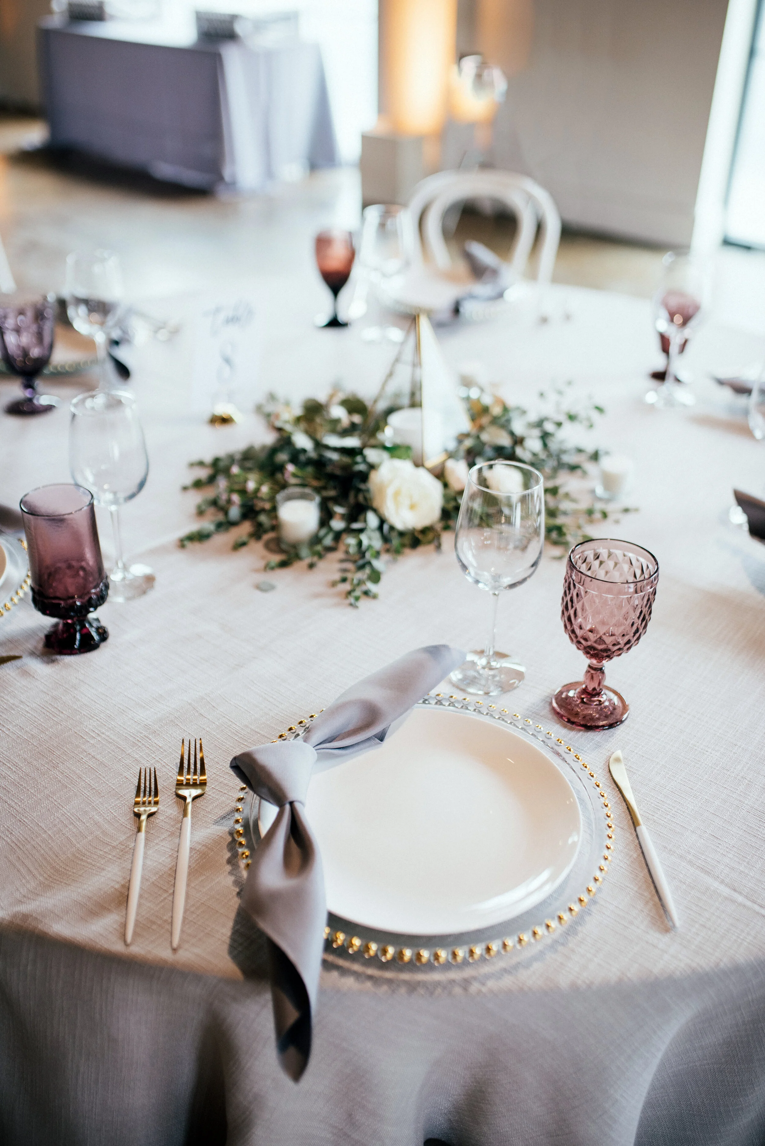Gold geometric terrarium centerpieces with eucalyptus and lavender floral accents. Nashville wedding florist at the Saint Elle.