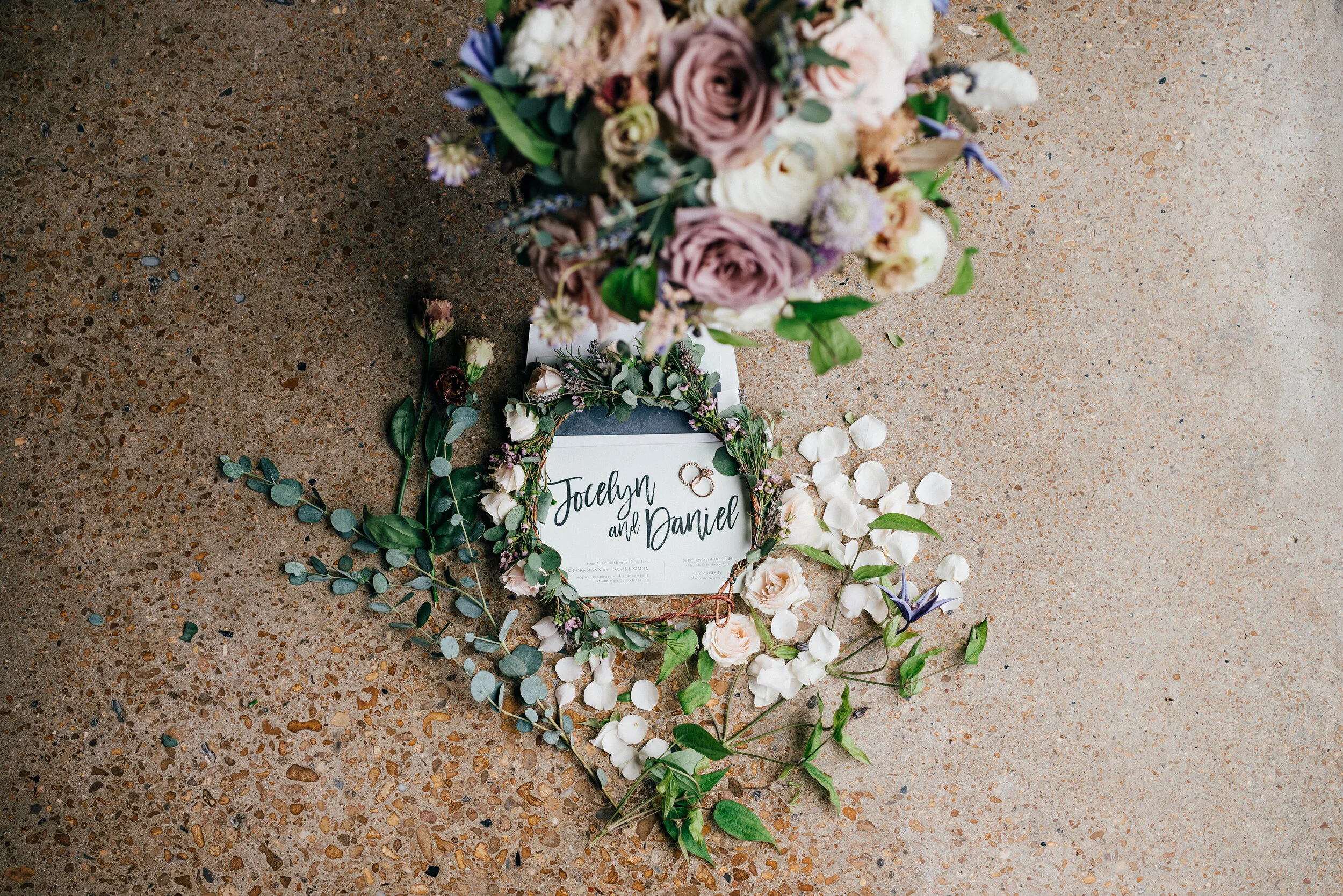 Lavender, mauve, and lilac flowers for a June wedding at the Saint Elle, Nashville.
