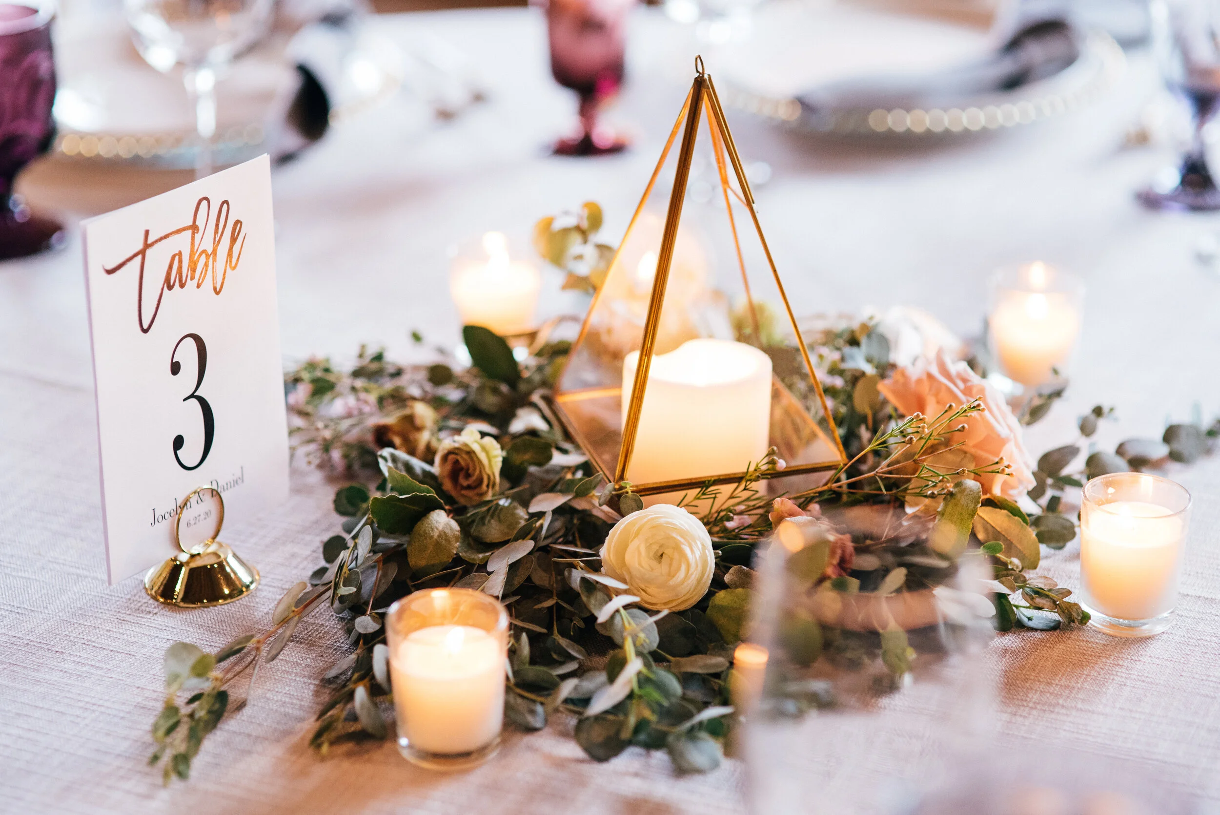 Gold geometric terrarium centerpieces with eucalyptus and lavender florals. Nashville wedding florist at the Saint Elle.