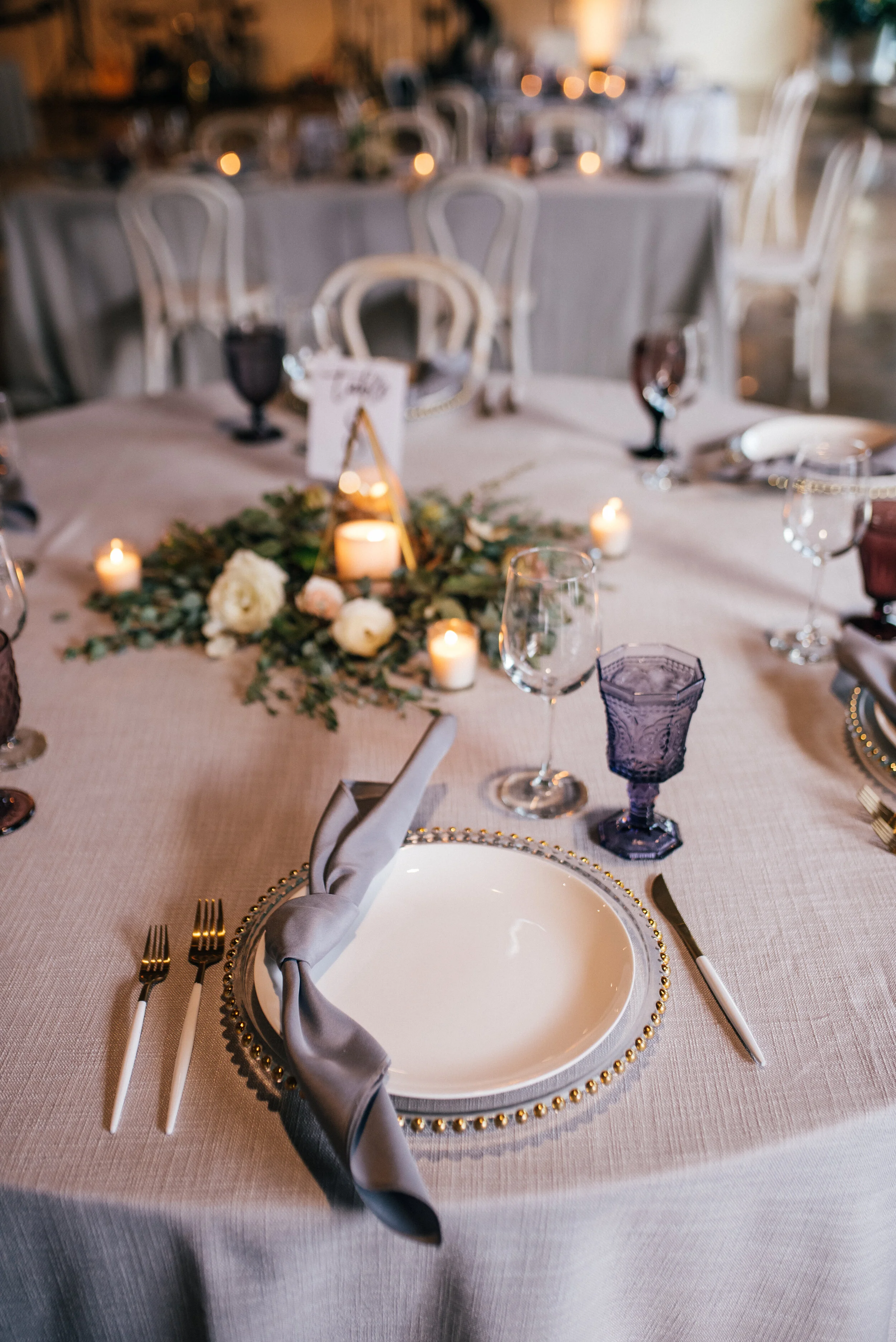 Gold geometric terrarium centerpieces with eucalyptus and lavender florals. Nashville wedding florist at the Saint Elle.