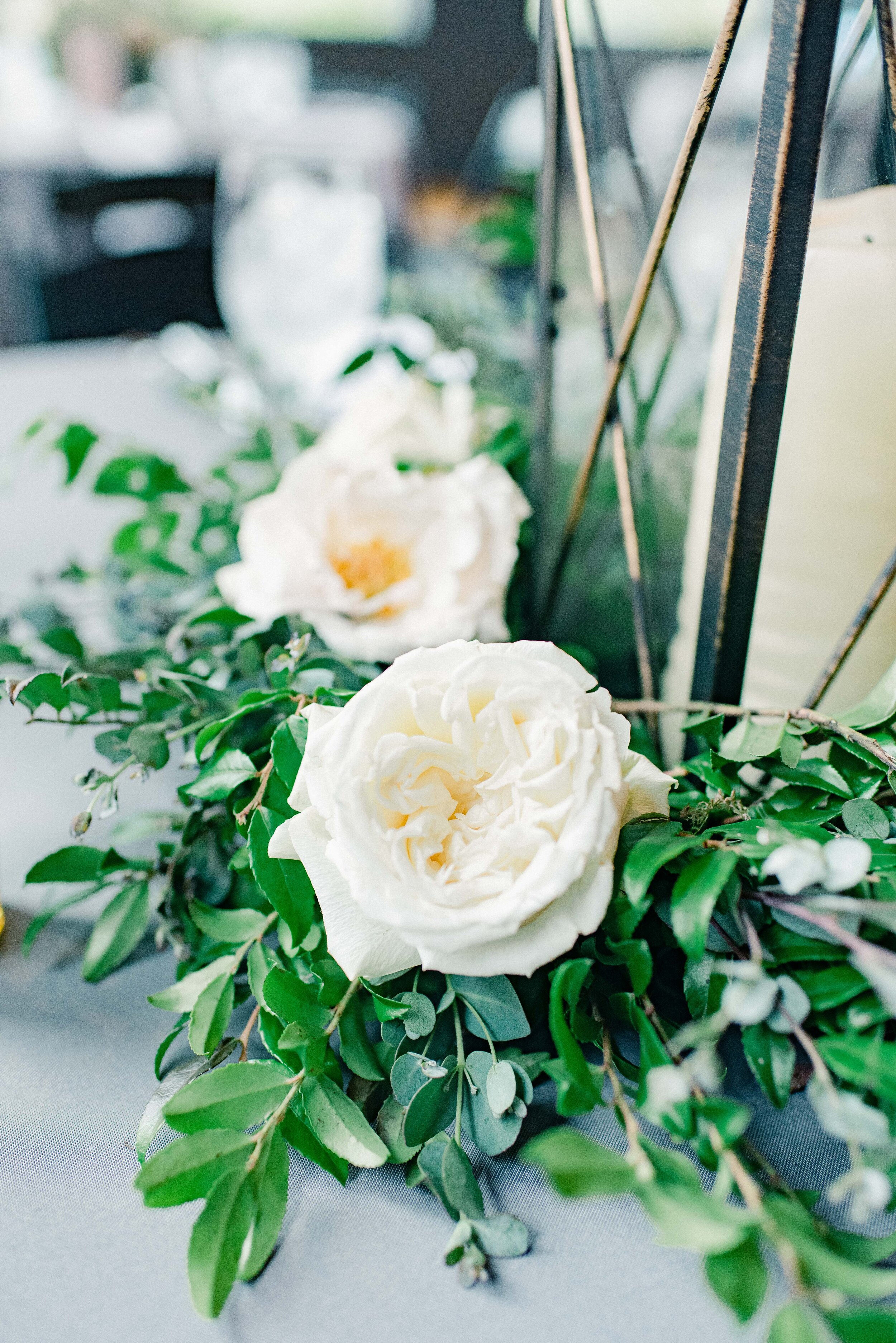 Table decor for this stunning wedding consisted of several different components. Round tables held lanterns adorned with blush and cream roses and lush greenery. Long, farm tables had garlands of eucalyptus and twinkling candles. Centerpieces filled…