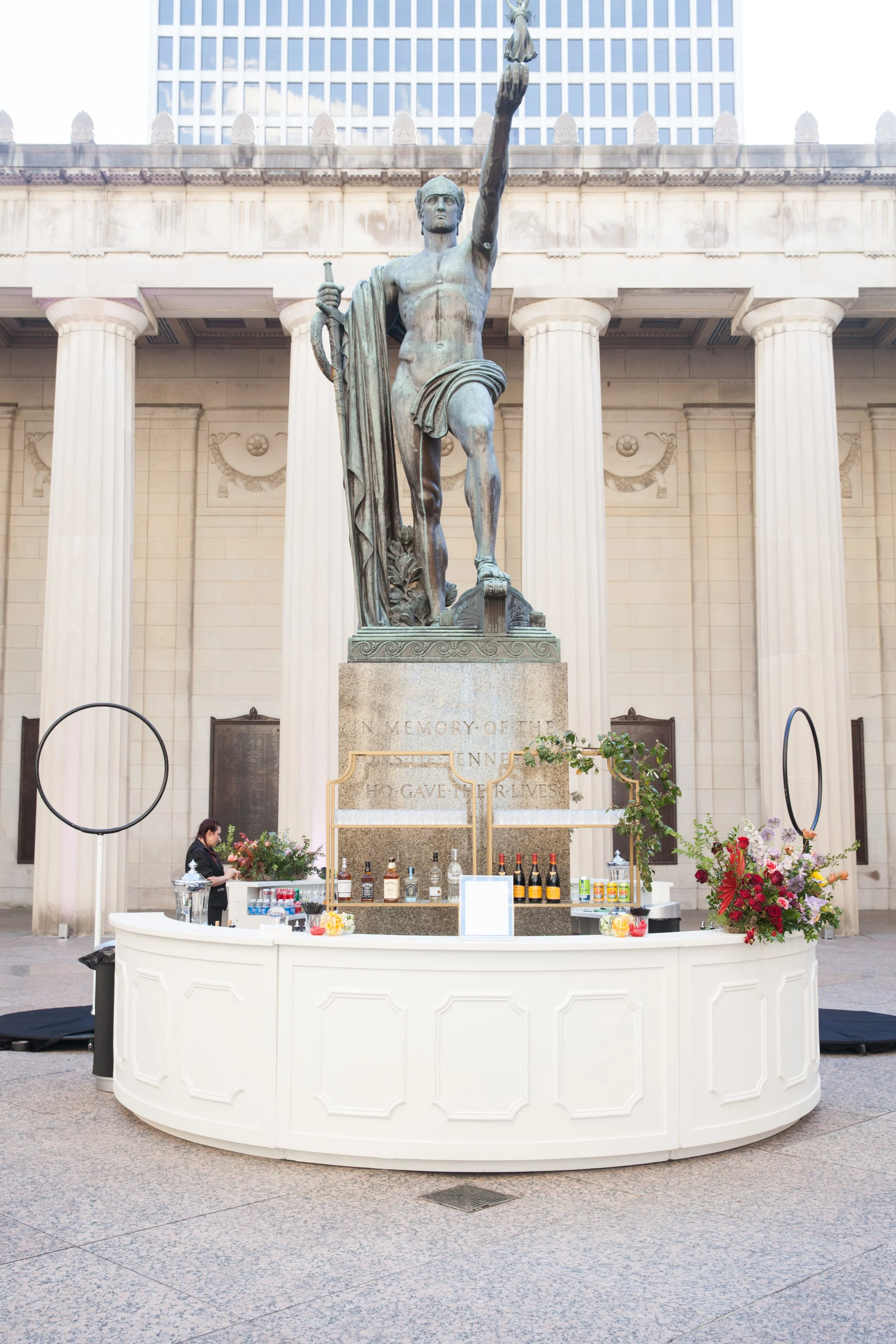 Bright and colorful arrangements create an inviting scene for guests at the TPAC Gala in Nashville Tennessee. Florals composed of roses, hydrangeas, tulips, snapdragons, dried palm, and anthurium. Designed by Rosemary and Finch.