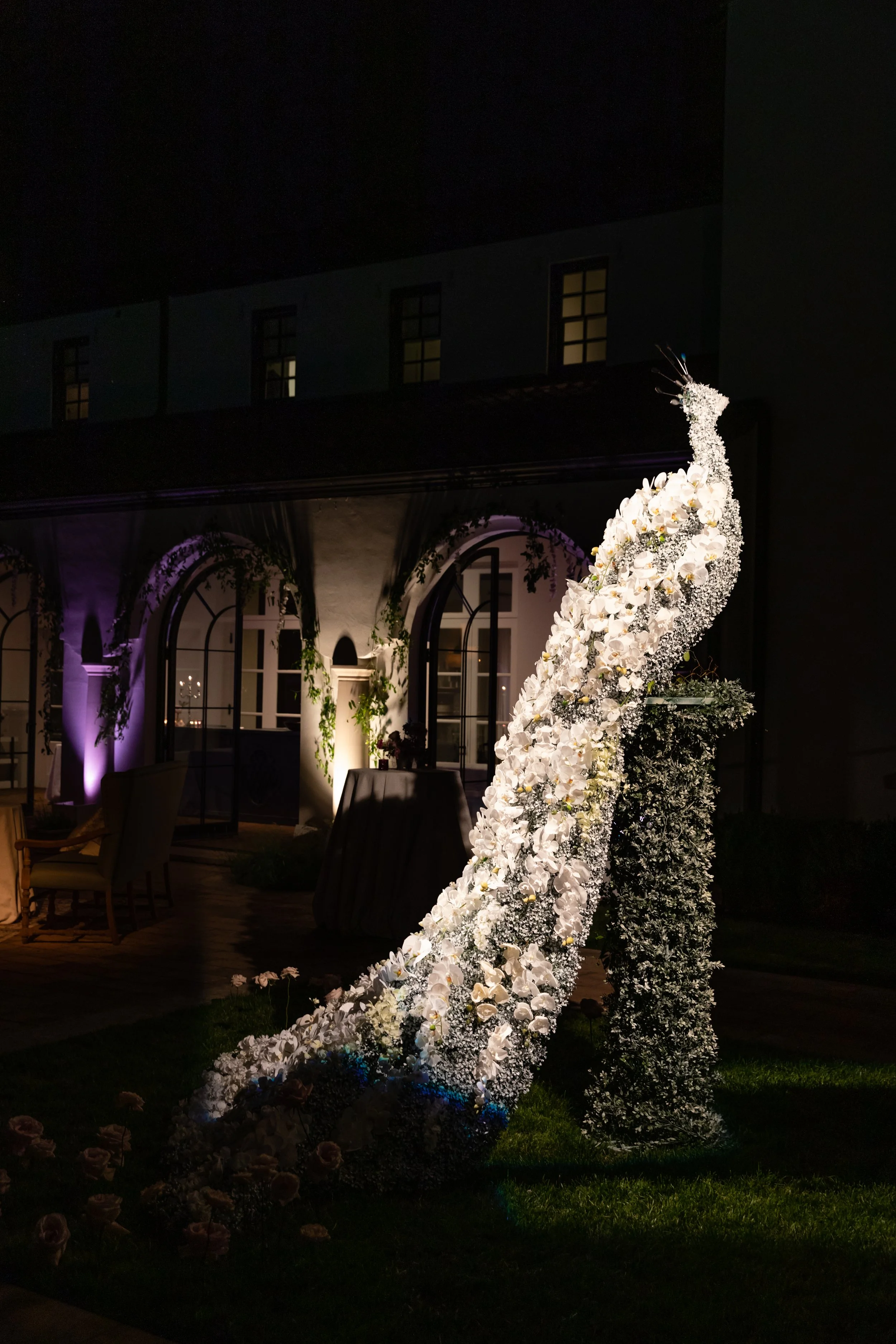 Bridgerton inspired engagement party at a private home in Nashville, TN with peacock topiary with flowers growing from the ground around it. Nashville wedding floral designer, Rosemary & Finch.