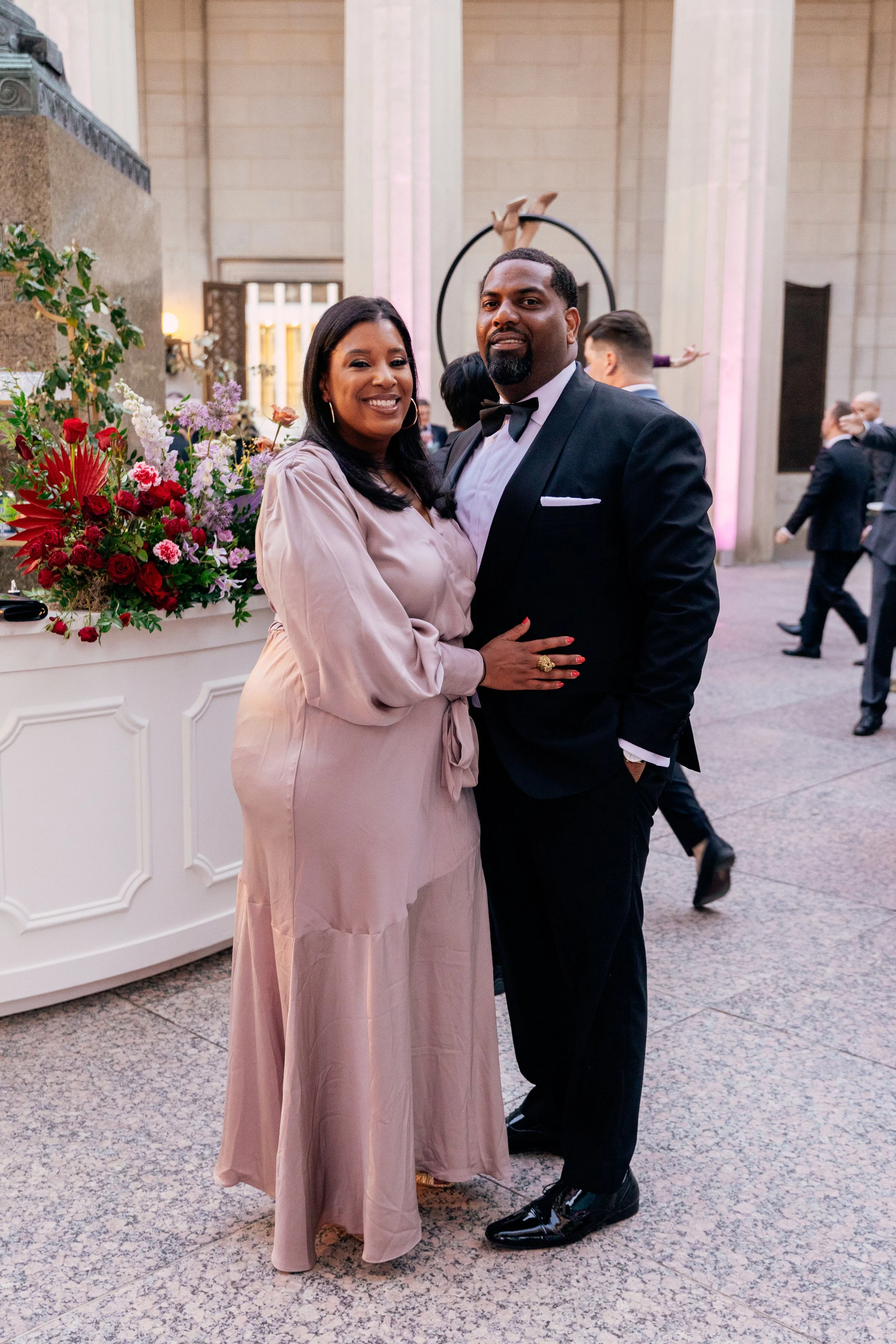 Bright and colorful arrangements create an inviting scene for guests at the TPAC Gala in Nashville Tennessee. Florals composed of roses, hydrangeas, tulips, snapdragons, dried palm, and anthurium. Designed by Rosemary and Finch.