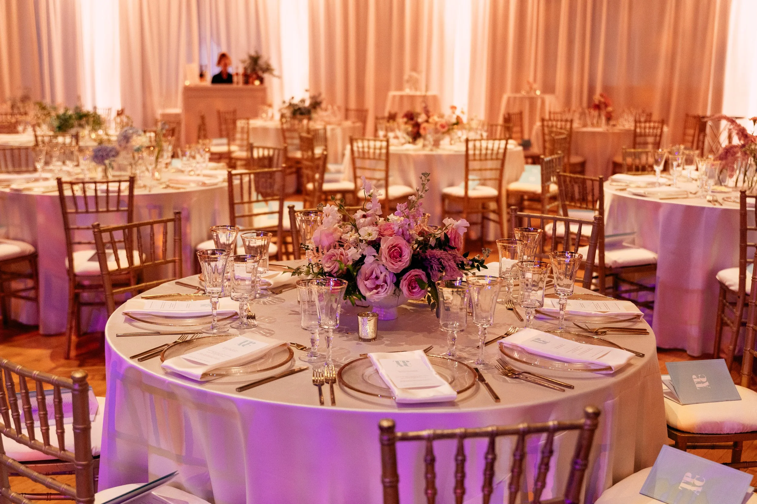 Modern and colorful centerpieces create a lively space for the TPAC Gala in Nashville, TN. Color-blocked floral hues of pink, red, yellow, blue comprised of roses, hydrangeas, tulips, ranunculus, pampas grass, carnations, and sweet peas. Designed by