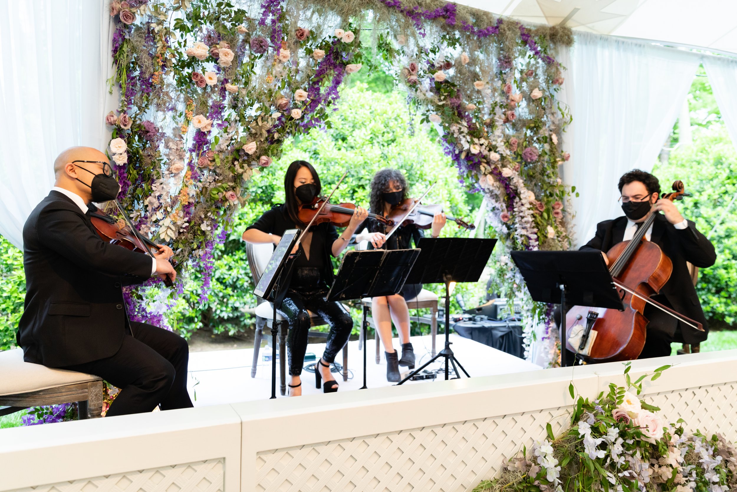 Growing, fresh floral curtain installation with blush garden roses, lavender delphinium, wisteria, globe allium, and vines and greenery for a tented Bridgerton inspired engagement party at a private home in Nashville, TN. Vitamin String Quartet.