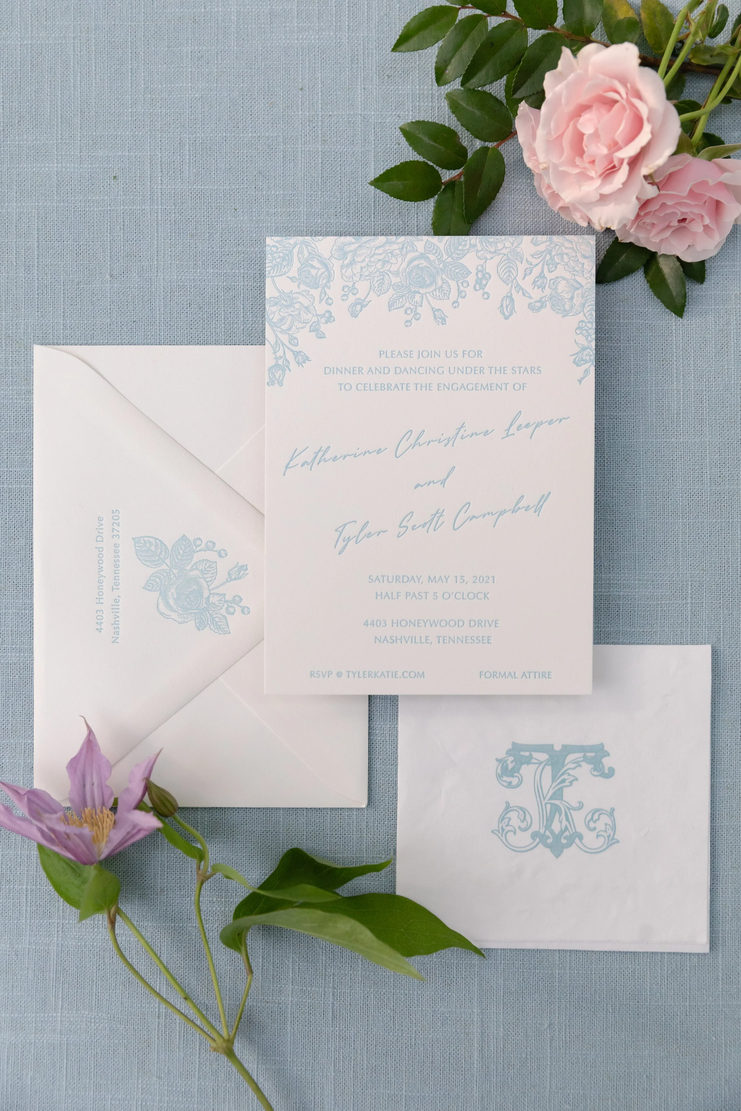 Bridgerton inspired engagement party at a private home in Nashville, TN with lush, organic floral installations of wisteria, spanish moss, and pastel blooms.