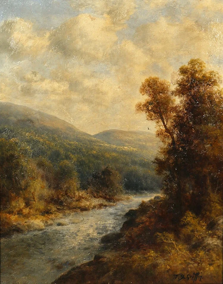 On The Delaware River Oil on Canvas, Signed ( l.r. ) "T. B. Griffin" 20" x 16" SOLD Thomas B. Griffin was born in Philadelphia, Pennsylvania during the last half of the nineteenth century. His first formal art education was at the National Academy of Design in New York. While at the Academy, Griffin exhibited his very well executed impressionistic landscapes. In 1896, he listed his address as 340 Fulton Street, Brooklyn, New York. It was during this year that Griffin exhibited "Views from the Catskills (from Haine's Corners)" and "Hunter Mountain, Catskills," at the National Academy. Thomas B. Griffin later moved to Baltimore where he opened a studio and established himself as a painter of impressionistic landscapes. Listed: The Dictionary of American Artists, Sculptors and Engravers, by Young Exhibition of the National Academy, 1861-1900, vol.1, pg. 367 Who was Who in American Art Mantle Fielding's Museums (1) : Thomas Griffin The Brooklyn Museum of Art