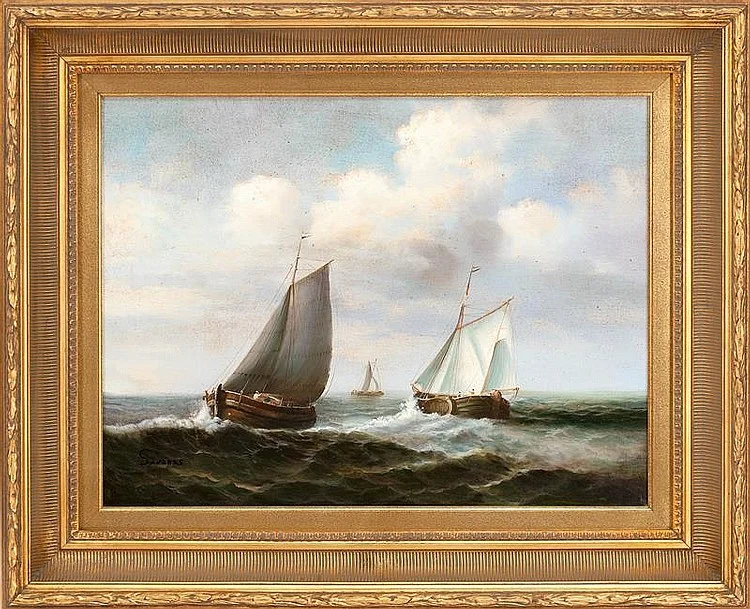 Three European Sailing Vessels Oil on Canvas, Signed ( l.l. ) by Untraced Artist "Sanders" 18" x 24" / 26" x 32" Overall SOLD