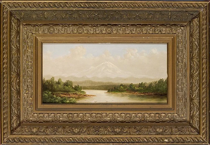 Mt. Rainier Oil on Academy Board, Signed "Sam Colman" and Titled "Mt. Rainier '86" on Verso 6 3/8" x 12 3/8", Antique Frame Price Available Upon Request A significant landscape painter of the second generation of Hudson River School painters, Samuel Colman traveled widely and eventually went far beyond the Hudson River for subject matter. He created many large canvases of European, United States, Canadian, and Mexican subjects, especially scenes along the Hudson River and the White Mountains of New Hampshire. He also traveled to North Africa in the 1870s, and one of his most impressive works, The Moorish Mosque of Sidi Halou, Tlemcen, Algeria (1875) is in the Edna Barnes Solomon collection of the New York Public Library. He was a full member of the National Academy of Design and lived long enough to see attention to his work eclipsed by that given to modernism. He was a key person in establishing watercolor as an independent medium that was good for more than just sketching. Colman was born and raised in Portland, Maine, and early moved to New York City, where his father, a publisher and fine-art books dealer, introduced him to many of the leading artists and writers of the time. He studied with Asher B. Durand, a leader of the Hudson River School of painters, and by the time he was eighteen was exhibiting at the National Academy of Design and by age twenty-two was elected an Associate. He served as one of the founders and first president of the American Society of Watercolor Painters, founded in 1866, and his watercolors were painted in a much tighter manner than his oils. He and Thomas Moran are considered the two most important 19th-century painters to visit Arizona where Colman did panoramic views including the Grand Canyon (1882). They were some of the few Hudson River painters that ever went West. Colman first went to the West in 1871 and painted in Utah and Wyoming, and he also did numerous Oregon Trail depictions. One of his most noted is Ships of the Plains , 1872, now in the Union League Club in New York. In 1870, he painted Yosemite in Northern California, and in 1887-1888, visited Pasadena as a tourist. Although he did not consider himself a Luminist in style, he manipulated light to create a glittery, silvery atmosphere, and others have called him a Luminist. Unlike his contemporary, Albert Bierstadt, he was not trying to create a sense of drama or of the grandiose; his works were sensitive and suggested quiet beauty. He wrote two books on art: Nature's Harmonic Unity and Proportional Form. He was also an etcher, art collector, an authority on oriental art and porcelains, and an interior designer, working with John La Farge and Louis Tiffany. Samuel Colman died in New York City. Museums (34) : Samuel Colman The Mattatuck Museum of the Mattutuck Historical Society Art Institute of Chicago Butler Institute of American Art Charles Hosmer Morse Museum of American Art Corcoran Gallery of Art George Walter Vincent Smith Museum Gilcrease Museum Hood Museum of Art Los Angeles County Museum of Art Metropolitan Museum of Art Museum of Art and Archaeology, University of Missouri-Columbia Museum of Art at Brigham Young University Museum of Fine Arts, Boston National Academy of Design Museum National Gallery of Art, Washington DC National Museum of American Art-Smithsonian New York Public Library New-York Historical Society Parrish Art Museum Pennsylvania Academy of the Fine Arts Rhode Island School of Design-Museum of Art Robert Hull Fleming Museum Rockwell Museum of Western Art Smith College Museum of Art Snite Museum of Art St Johnsbury Athenaeum The Brooklyn Museum of Art The Columbus Museum of Art, Georgia The Hickory Museum of Art The Hudson River Museum The Huntington Library & Gallery Thyssen-Bonemisza Collection University of Wyoming Art Museum Wadsworth Atheneum Museum of Art