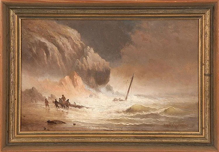 Salvaging a Wreck Oil on Canvas, Signed ( l.r. ) "C H Gifford '80" 9" x 14" / 12" x 17" Framed Price Available Upon Request Provenance: Private Collection, Connecticut The following biography of " CHARLES HENRY GIFFORD," has been provided by Myrtice (GIFFORD) Forsythe of Lufkin, Texas. Charles Henry Gifford is well known for his works in water colors as is his oils and his pictures have found a ready sale, not only in all parts of the United States but in Europe. Charles Henry Gifford was born in Fairhaven, Massachusetts July 13, 1839, the son of Benjamin R. and Betsey (Barstow) Gifford. His father was a ship carpenter. Young Gifford was educated in the public schools of the town. In his boyhood he could draw well and while yet a mere youth he gained admission to the art gallery connected with the music store of John Hopkins, on Union Street in New Bedford, where Albert Bierstadt, another famous artist, had one of his pictures on exhibition. The view stirred all the latent talent in young Gifford, and he told his mother he intended to be an artist. He was given some pennies with which he bought dry paints. Making his own brushes from hog bristles and hen feathers, he painted his first picture upon a piece of canvas of his own making. Although young Charles Gifford wanted to become a painter, his parents desired him to learn a trade. He tried carpentry but finally went to Middleboro where he learned to be a shoemaker. Upon his completion of his apprenticeship he returned to Fairhaven where he carried on business until 1862, when he enlisted in Co. I, third regiment, of M. V. M., which was recruited in Fairhaven and which served for nine months in North Carolina. During the term of service, Company I, under Caption Ewer was detached from the regiment at Newberne, and formed part of the garrison of Plymouth, N. C. The Rebel land forces made a descent on Plymouth, Dec. 1863 and 14 prisoners, including Charles H. Gifford and others of Co. I, were captured and carried to Richmond. Charles Gifford and the others were imprisoned at Petersburg. While in Richmond they were in the famous Libby Prison. Although in the place but one month, the hardships preyed heavily on Charles and he contracted a chronic ailment, the effects of which caused him to be kept at the parole camp at Annapolis, MD., for five months. When he reached home his regiment had been mustered out and discharged. For a time Charles Henry Gifford worked at his trade, but in the summer of 1864, he again enlisted as a member of the 23rd unattached company of Massachusetts Infantry for 100 days. He was stationed at Readville, Mass. , guarding rebel prisoners. When finally discharged from the service, Charles Gifford adopted the profession of an artist, and for the rest of his life, followed it. As for truth to nature, she was his only teacher, it appearing that never did he take a conventional lesson. He located in Fairhaven, and in 1866 he was married to Miss Cordelia Palmer of Medford, Mass. He raised a family of five daughters. Charles Gifford, as the years went by, became better known, and his works more widely sought after. He opened a studio in New Bedford and for two winters had a studio in New York City. In 1879 he spent two months traveling to England, Scotland and Ireland. He had also made frequent trips to Maine and New Hampshire. He also had many pupils, many of whom won considerable reputation. His residence on Lafayette Street, was built 28 years before his death in 1904. His studio was located in the tower that he had built and from this an excellent view was obtained. Its dimensions were 60 feet high and 20 feet square. Charles was a close student of nature and his marine views have given him a high reputation in oil painting. While his treatment of such subjects was always marked by careful study and fidelity to detail, perhaps as a water color painter he will be best remembered and appreciated. In still life scenes, both in oils and water colors, he did some excellent work. In the latter years of his life, Charles Gifford was afflicted with pulmonary trouble, which greatly interfered with his work and finally caused his death. He died at his home on Lafayette Street. His health had not been good for several years. His age was 66 years, 6 months, 7 days. Museums (3) : Charles Henry Gifford Addison Gallery of American Art Peabody Essex Museum Yale University Art Gallery