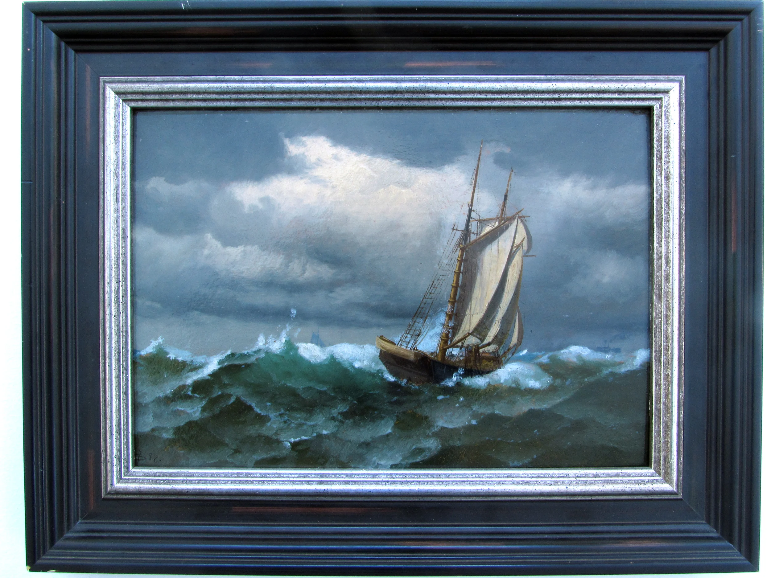 Rough Seas Oil on Panel, Signed ( l.l. ) Undecipherable 9" x 12" / 14 1/4" x 17 1/4" Framed SOLD