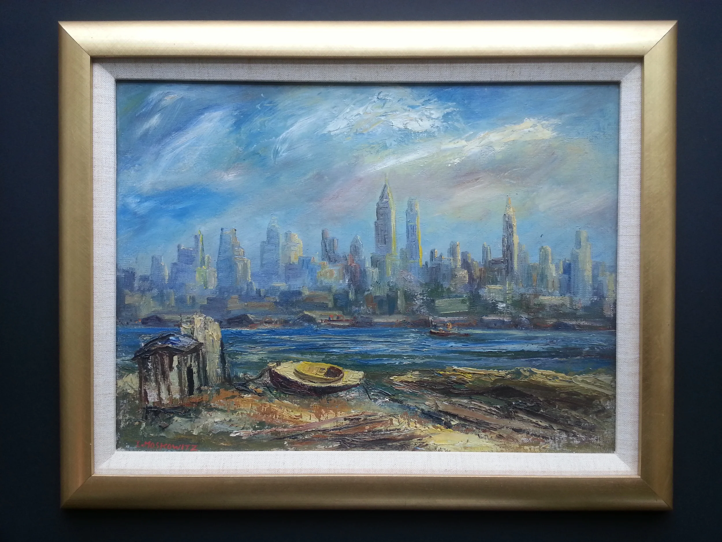 NYC Skyline Oil on Panel, Signed ( l.l. ) "I. Moskowitz" 12" x 16" / 15 1/2" x 19 1/2" Framed Price Available Upon Request