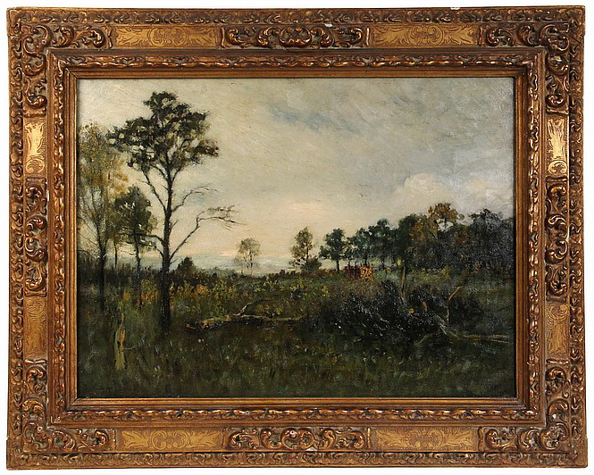 Deadfall at Treeline Oil on Canvas, Signed (l.l.) "Geo H Bogert" 30" x 40" Framed ( Original Period Frame ) Price Available Upon Request Born in New York City, George Henry Bogert became known for landscapes, seascapes of Venice and urban subjects and is especially aligned with the style of Tonalism* and the Barbizon School* of painting. In his signature work, he used "cool blue tones to achieve blurred form and soft half-light effects, further accentuated by the application of dense impasto." (Zellman 385). Much of this work seemed related to the popular turn-of-the-century soft focus photography. In the early 1880s, he studied at the National Academy of Design* and then went to Paris where his teachers were Puvis de Chavannes, Raphael Collin and Aime Morot. From 1884 to 1888, he spent four years in Europe, primarily in Paris with teachers including Puvis de Chavannes and Aime Morot. Returning to the United States, he was in New York as a student of Thomas Eakins. In the 1890s, he returned to Europe where he traveled widely for subject matter including to Venice and the Isle of Wight. In Northern France, he came under the influence of Eugene Boudin and his plein-air landscape painting methods. Bogert received numerous awards including the First Hallgarten Prize by the National Academy of Design in 1899 to which he was elected to membership that year. Little is known of him after 1900, except that he returned to Europe and finally settled at the artists' colony of Old Lyme, Connecticut*. Source: Michael David Zellman, 300 Years of American Art Museums (11) : George Bogert Dallas Museum of Art Heckscher Museum of Art Metropolitan Museum of Art Michelson Museum of Art Museum of Fine Arts, Boston Pennsylvania Academy of the Fine Arts Sheldon Museum of Art Telfair Museum of Art The Brooklyn Museum of Art The Hickory Museum of Art The Parthenon