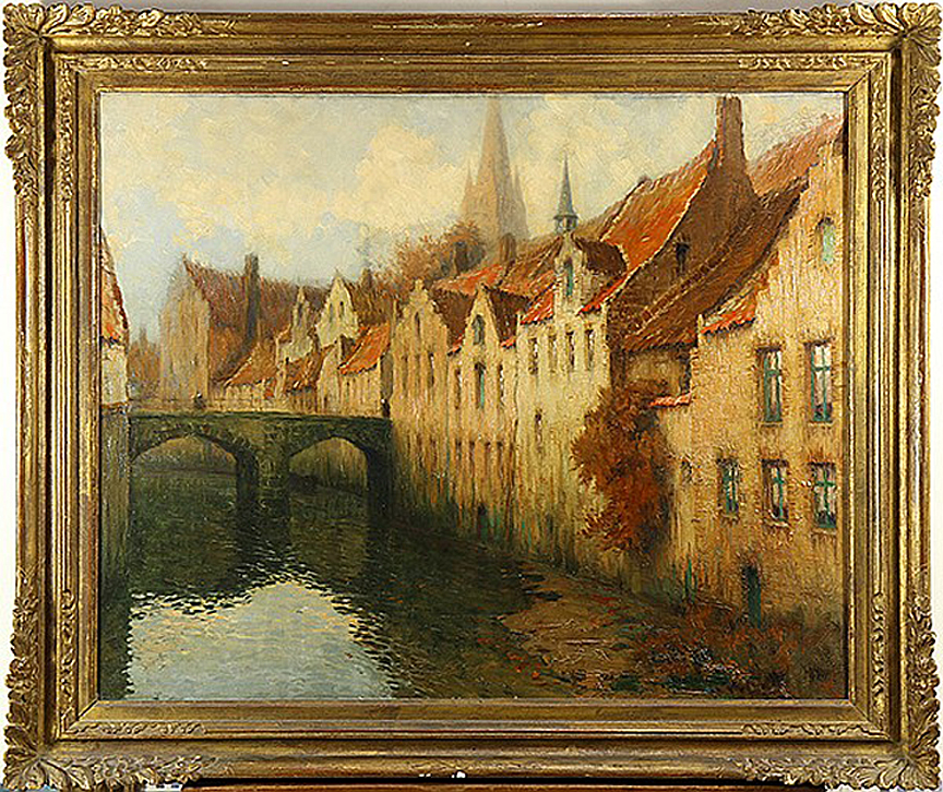 Canal in Bruges Oil on Canvas, Signed (l.r.) "Georges .H. Dilly" 23 3/4" x 28 3/4" / 29 1/2" x 34 1/2" ( Original Period Frame ) Price Available Upon Request