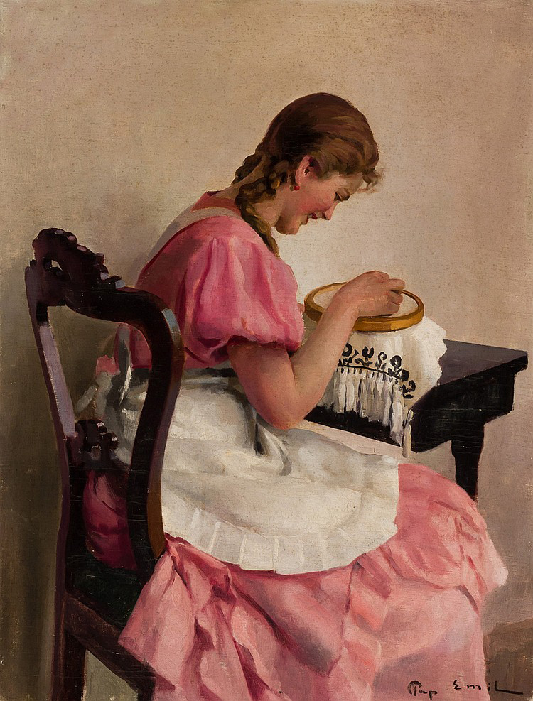 Practicing Needlepoint Oil on Canvas, Signed ( l.r. ) "Pap Emil" 31" x 23 1/2" Price Available Upon Request Born in Szolnok Hungary in 1884, Emil Pap is widely considered one of the most important Hungarian born painters of the 19th and 20th centuries. As a young man, Pap moved to Budapest where he studied at The Academy. Afterwards, he specialized in society portrait commissions and genre scenes. Although he is less known in The United States, he is well known in Europe where his works appear regularly at auction.
