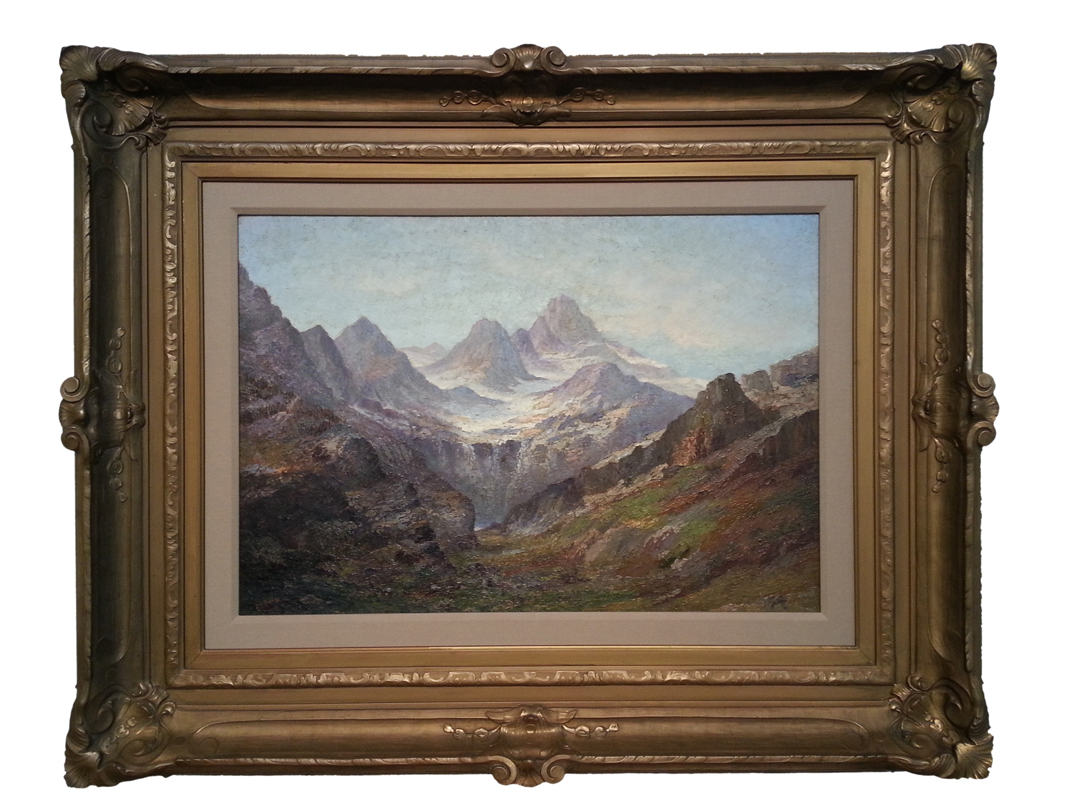 Sawtooth Mountain Region Landscape Oil on Canvas 22 1/2" x 32 1/2", Signed (l.l.) "Itter" Antique Frame SOLD
Normal
0
false
false
false
EN-US
X-NONE
X-NONE
/* Style Definitions */
table.MsoNormalTable
{mso-style-name:"Table Normal";
mso-tstyle-rowband-size:0;
mso-tstyle-colband-size:0;
mso-style-noshow:yes;
mso-style-priority:99;
mso-style-parent:"";
mso-padding-alt:0in 5.4pt 0in 5.4pt;
mso-para-margin-top:0in;
mso-para-margin-right:0in;
mso-para-margin-bottom:10.0pt;
mso-para-margin-left:0in;
line-height:115%;
mso-pagination:widow-orphan;
font-size:11.0pt;
font-family:"Calibri","sans-serif";
mso-ascii-font-family:Calibri;
mso-ascii-theme-font:minor-latin;
mso-hansi-font-family:Calibri;
mso-hansi-theme-font:minor-latin;}
Julian E. Itter was born in Canada and moved to America at the turn of the 20th century. Itter adopted the West Coast U.S. landscape as his own. He made his name as a painter of the Cascade Range and the Lake Chelan region in Washington State. He was an important early advocate for preserving the natural beauty of the Washington landscape and is widely considered the founding father of the North Cascades National Park. In 1906, the Butler Hotel in Seattle hosted an exhibition of his paintings. An accompanying article published in the Seattle Times hailed his “studies on the pine trees in the woods of Washington are other of his best pictures”. Shortly thereafter, Itter traveled to France to exhibit his work. At that time, leading Parisian art critic, Victor Forbin, called Itter “the most promising American artist” he had known for twenty-five years. Upon his return to the Northwest in 1912, he employed his more refined and studied techniques for depicting views of the Stehelein Valley, in addition to other locales. Living in Spokane at this time, a New York art broker arrived to get the rights to the paintings of the artist. He told reporters that he had “crossed the continent” to make sure that he acquired “what we believe to be the American artist” (presumably emphasizing the word “the”). These comments were documented in an April 1912 article about Itter, in The Spokesman Review. Itter’s paintings have been held in numerous private and corporate collections including the Ronald K. Shepherd Collection, and Weyerhauser Family Collections.