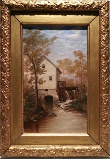 The Mill Oil on Canvas, Signed l.r. "Wm M. Davis" 12" x 7" / 16 1/2" x 11 1/2" Framed ( Original Period Frame ) Price Available Upon Request Born in Setauket, New York, William Davis was a painter of trompe l'oeil still life, genre, and landscapes and was primarily self taught. He trained as a boat builder in Port Jefferson, Long Island. Davis achieved national recognition in 1962 for three paintings based on the Civil War. The Neglected Picture , a trompe l'oeil image of President Jefferson Davis in a frame behind broken glass brought him great fame. The painting was widely reproduced in print and postcard form. In 1868, Davis exhibited still-life paintings at the National Academy of Design. From 1863-1871, he exhibited at the Brooklyn Art Association. In 1872, he moved to Long Island and never again exhibited in New York, possibly because some of his painting was politically controversial. He associated with artist William Sidney Mount. Source: Eva Greguski, "William Moore Davis", American Art Review , 12/2002, p. 118 Museums (2) : William Davis Butler Institute of American Art The Long Island Museum of American Art, History and Carriages