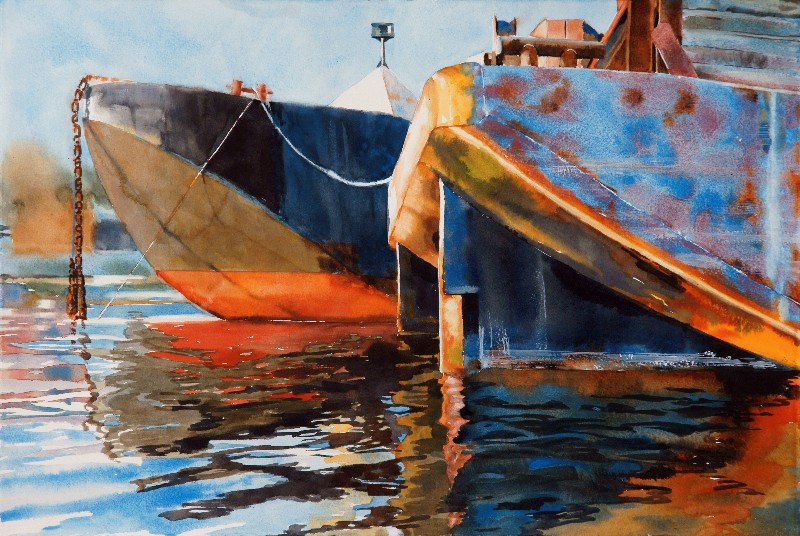 Sunrise Barges Watercolor on Paper ( Acrylic Trap Frame ) 15" x 22" $600