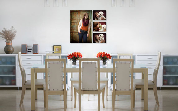  High school senior pictures on a wall of a young woman on a dining room wall, photographed by the Portland high school senior photographers at Campbell Salgado Studio in Portland, Oregon 