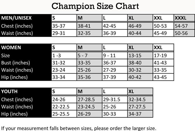 champion sweater size chart