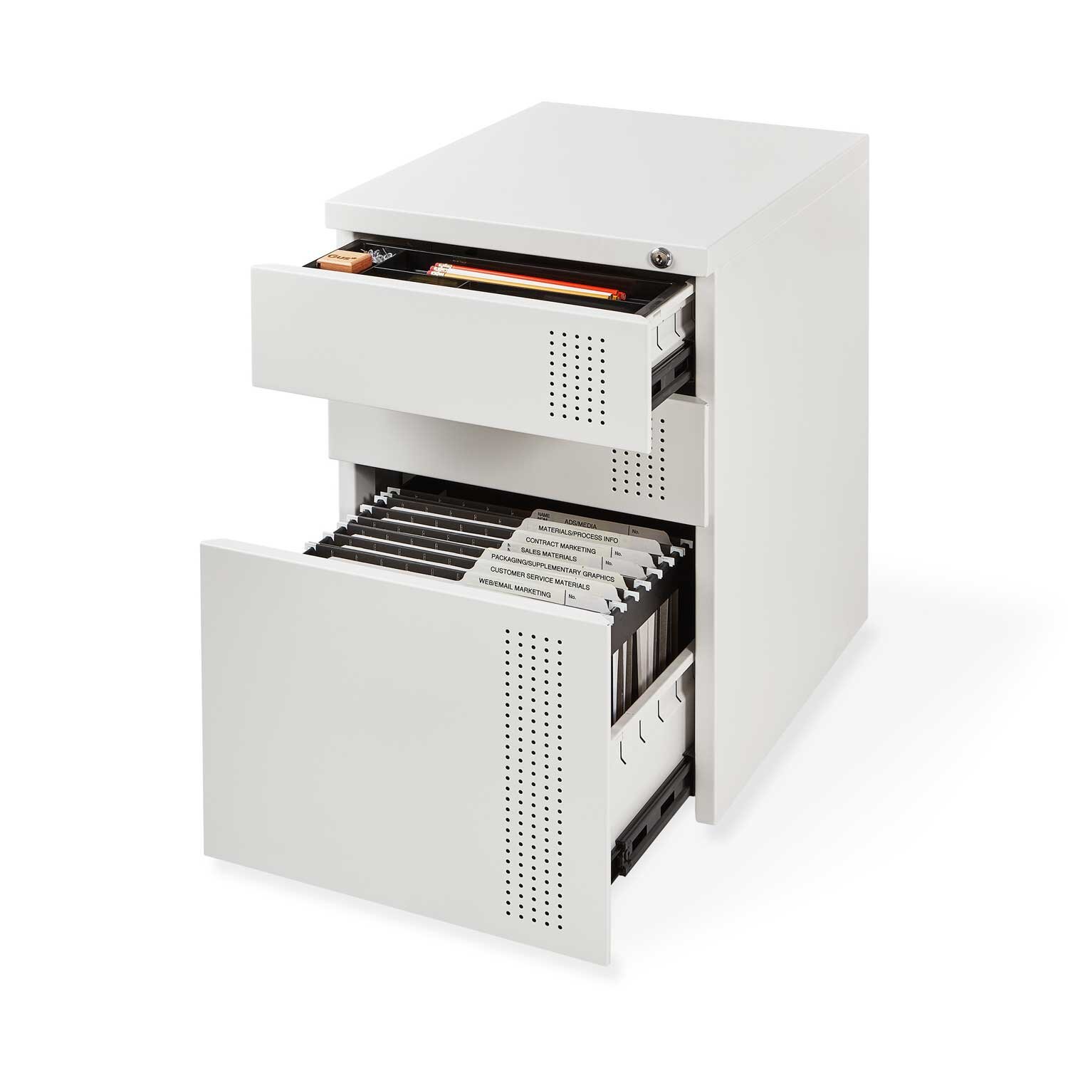 Perf File Cabinet - White with Open Drawers