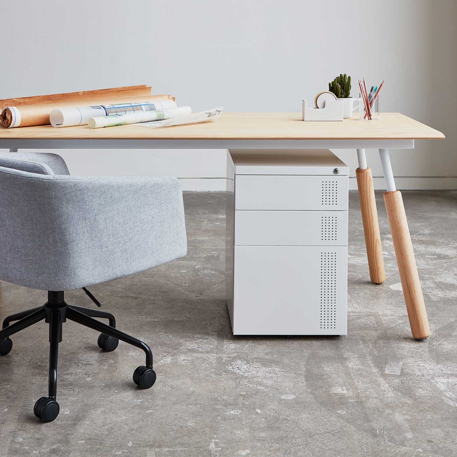 Perf File Cabinet White with Desk and Chair