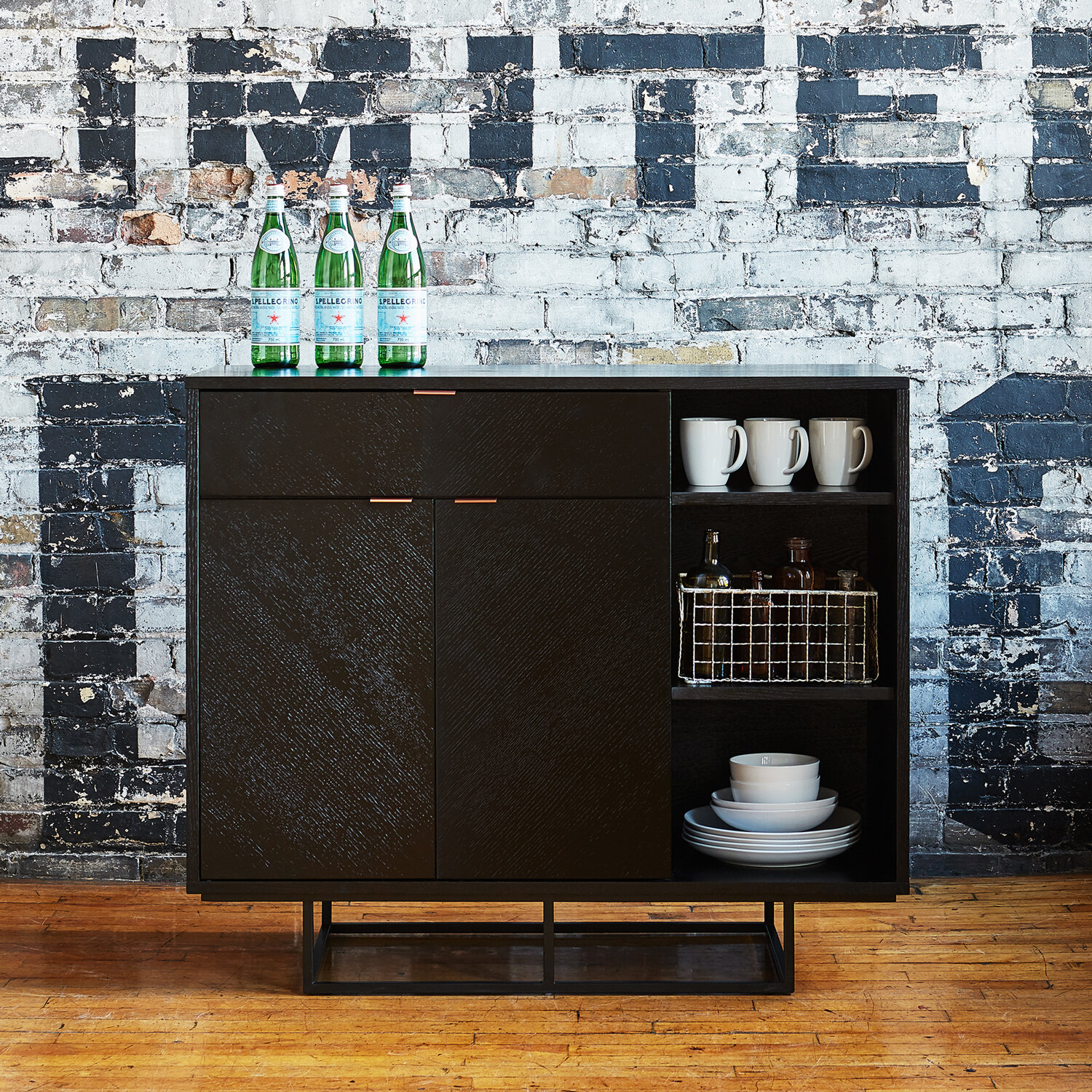 Myles Cabinet Staged as Mini Bar - Black Oak Satin Finish