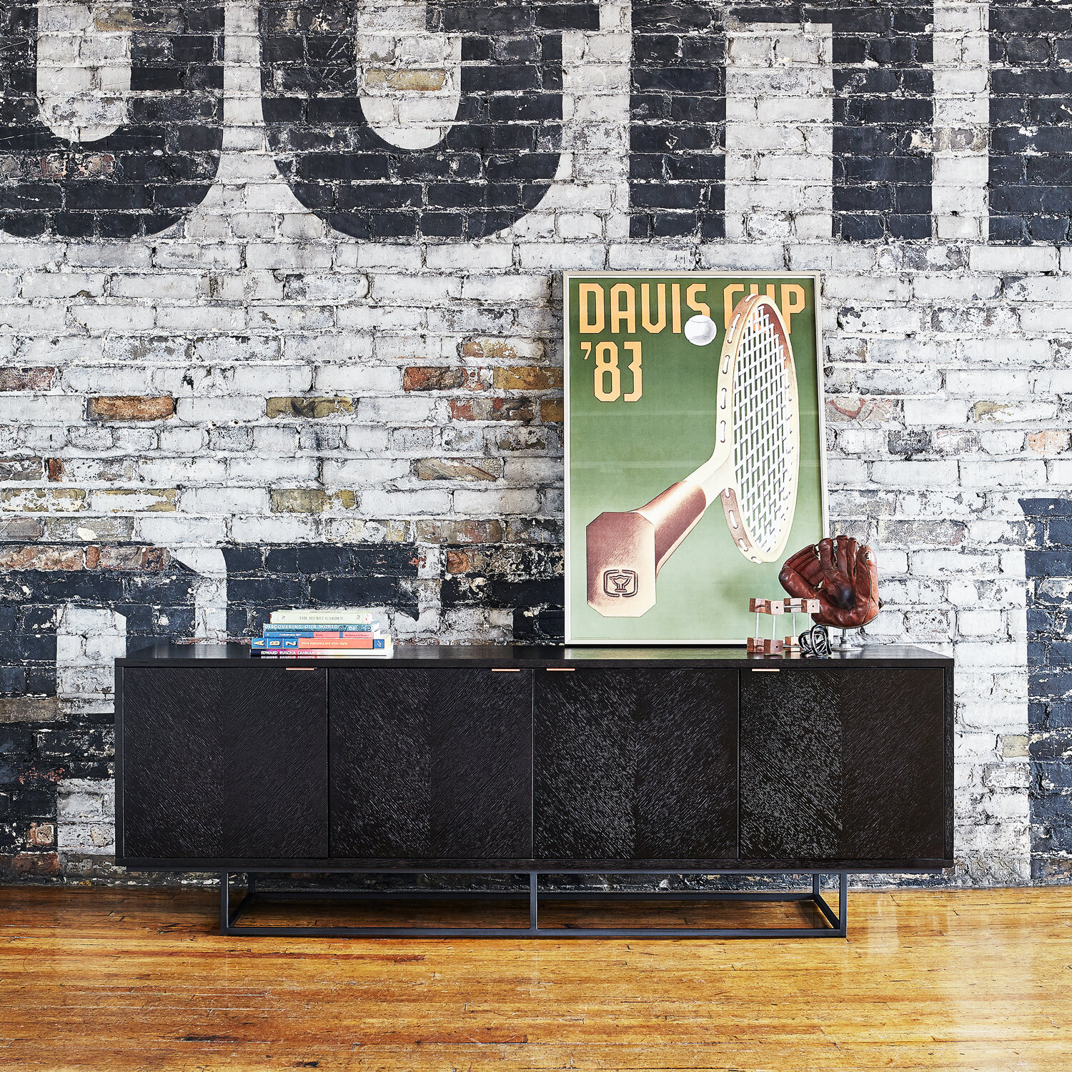 Myles Credenza Staged with Artwork and Books