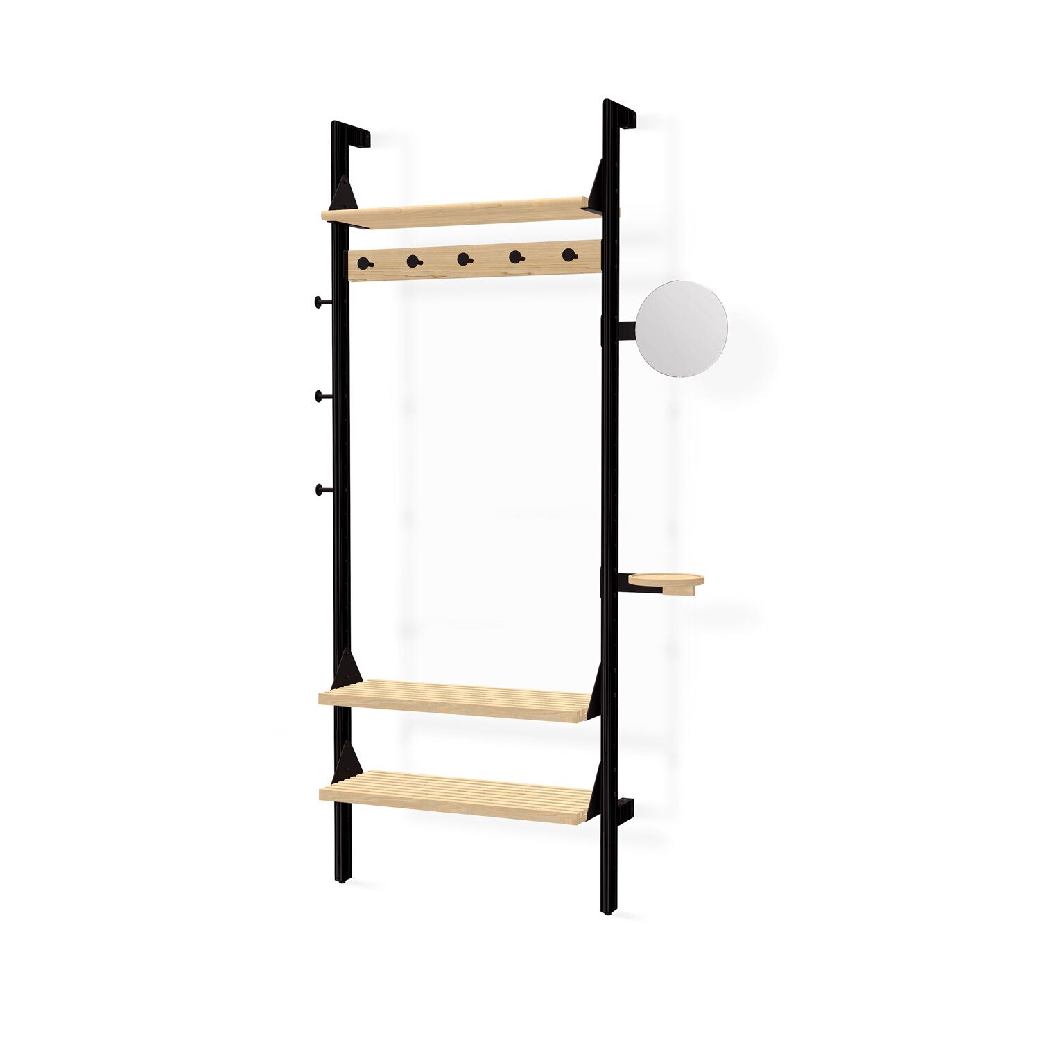 Branch 1 - Entryway Unit - Black Uprights, Black Brackets, Blonde Shelves