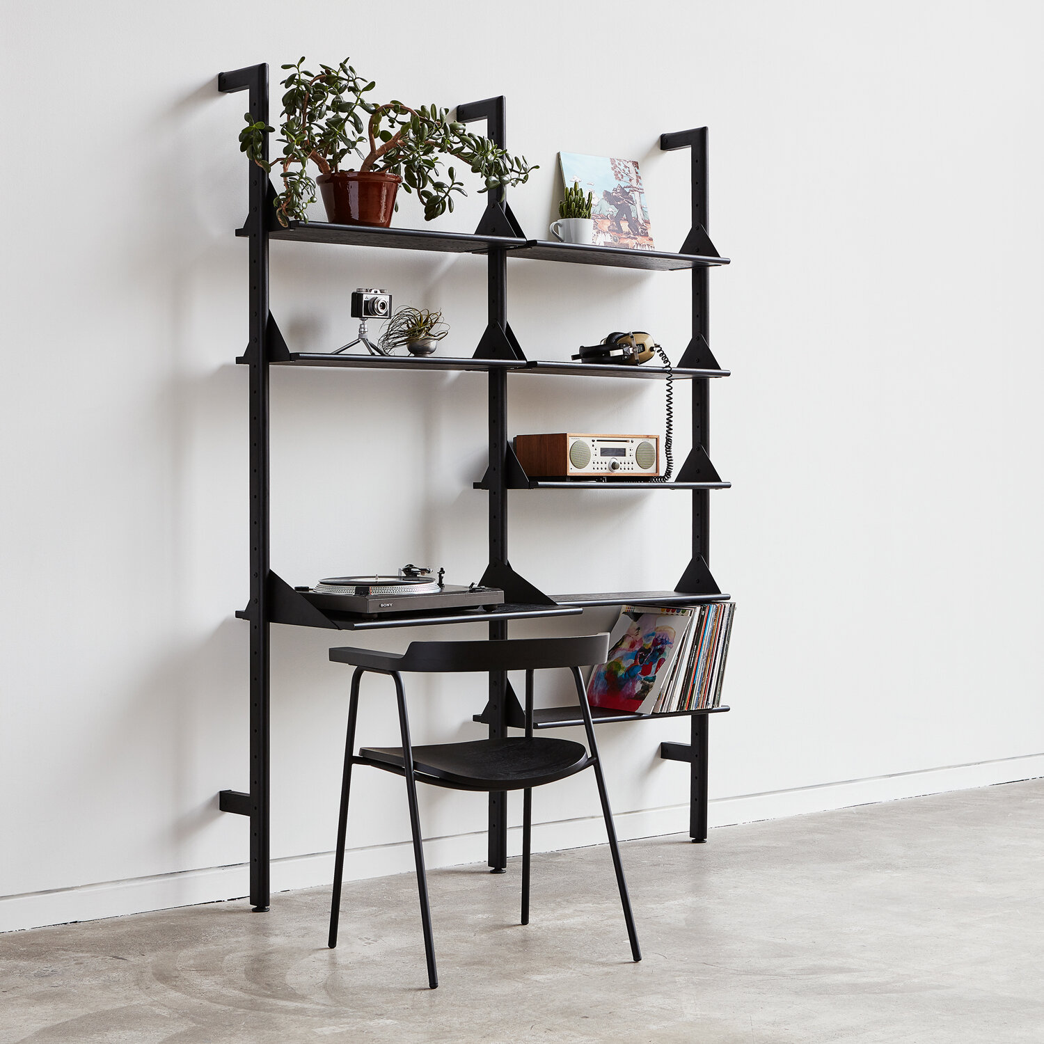 Branch 2 - Desk Shelving Unit - Black Uprights, Black Brackets, Black Shelves