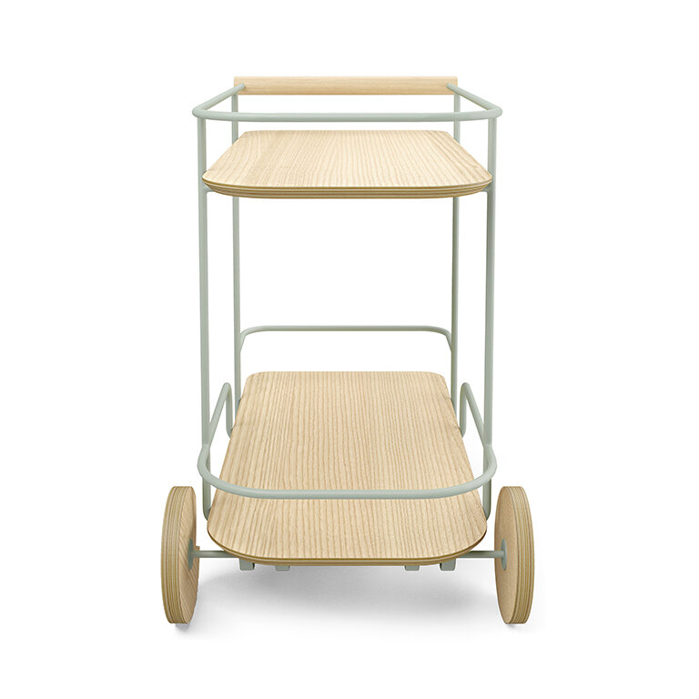 Arcade Bar Cart - Ash Natural Finish with Sage Green Metal Frame - Front View