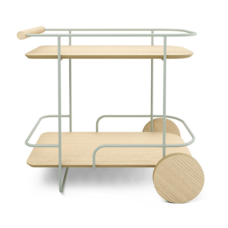 Arcade Bar Cart - Ash Natural Finish with Sage Green Metal Frame - Side View