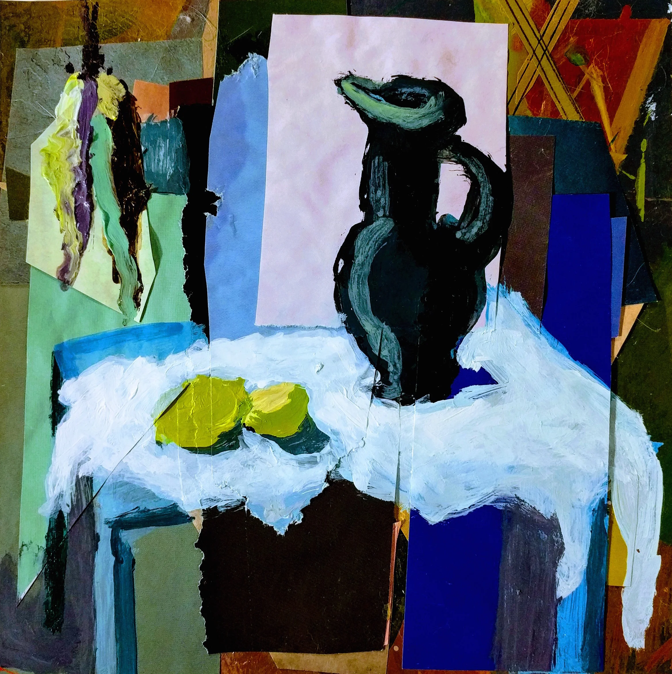   Still Life [ After Braque ]   6 x 6 Inches&nbsp;  Acylic on Paper and collage 
