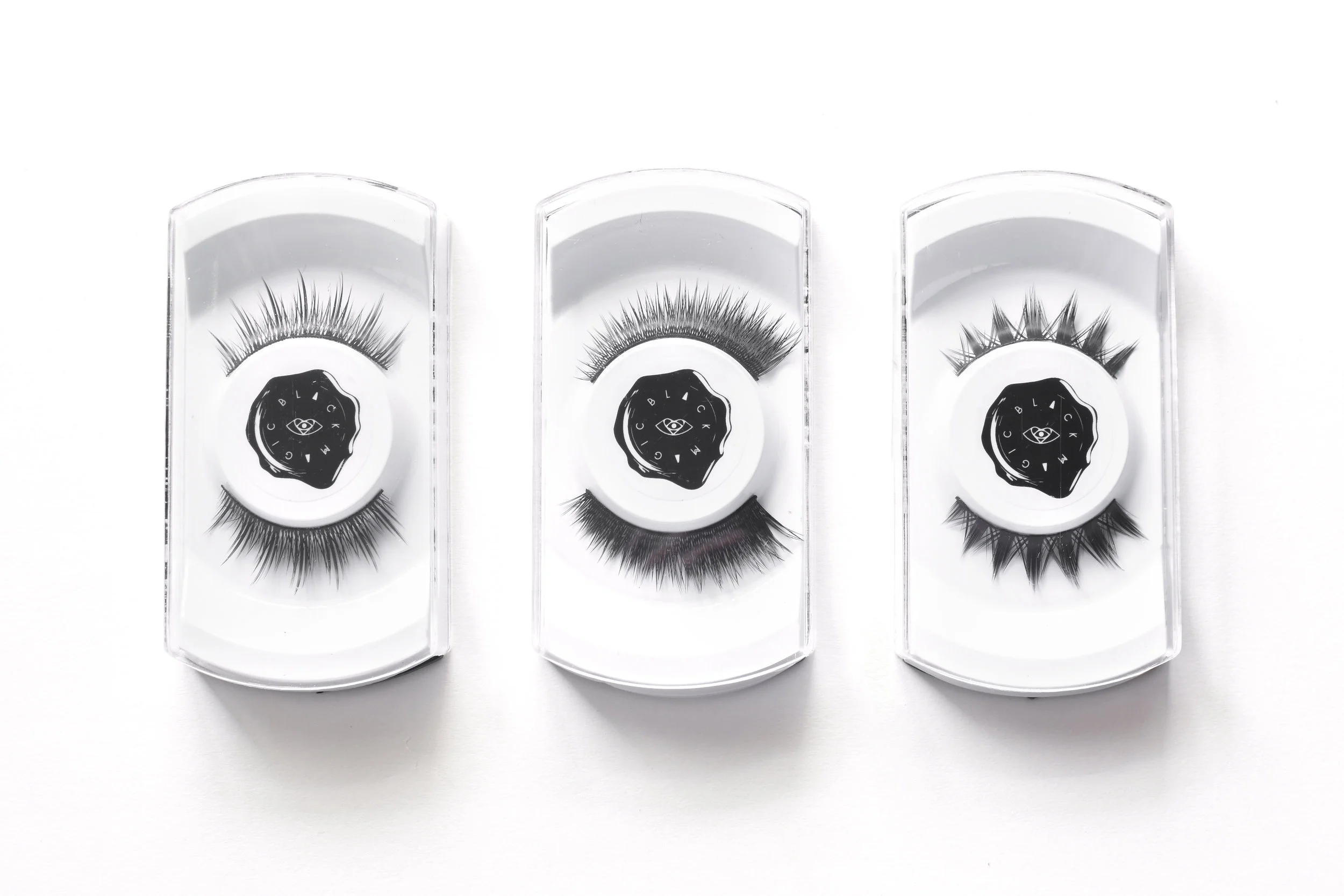 Faux lashes from the Enigma Collection (left to right): Paradox , Raven , & Riot