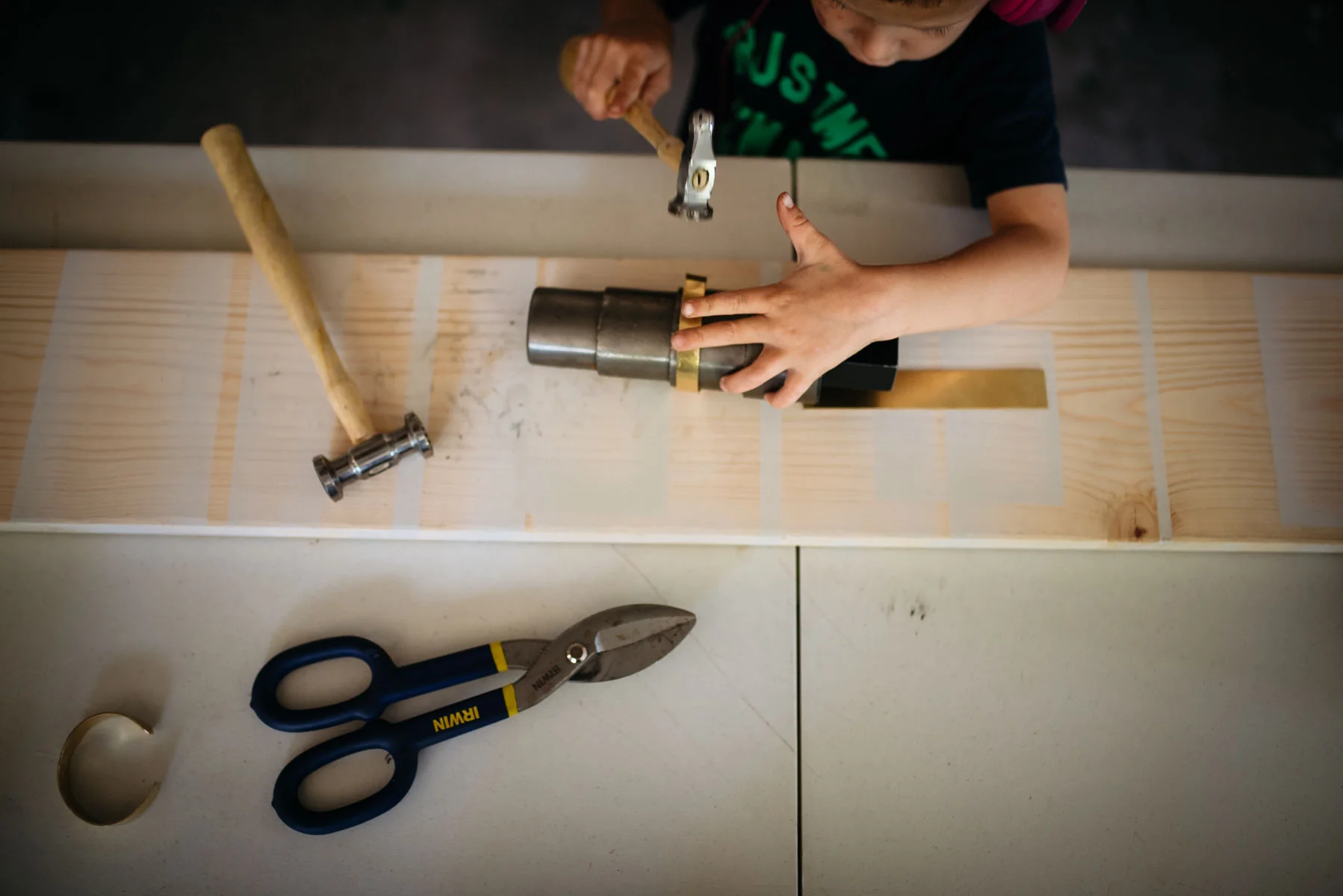 My process usually begins with at least 1 helper! Anthony lasted until he hammered his thumb. Occupational hazard :). 