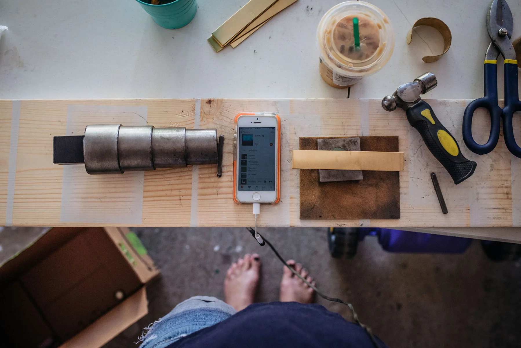 After tending to a hurt thumb, I was able to get started. All my tools, plus an incredible sound deadening set of headphones! This process is loud!!! 