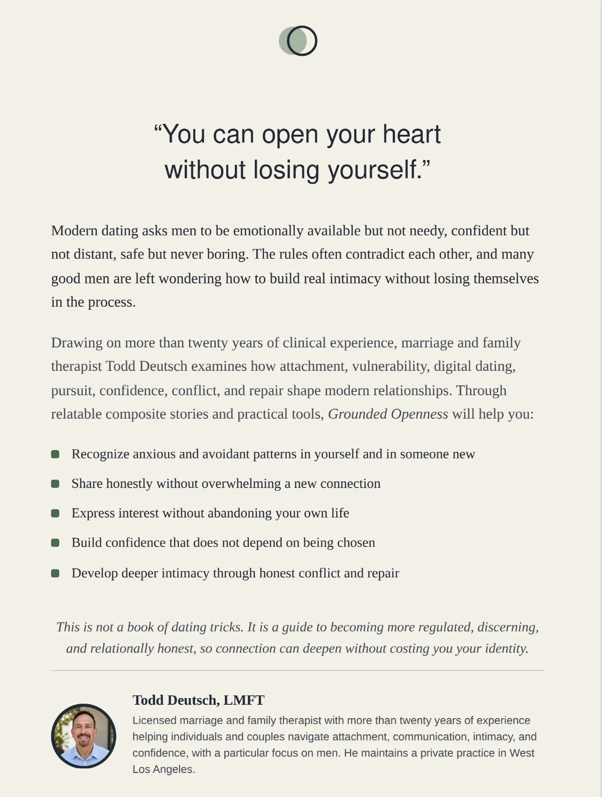 Back cover of Grounded Openness by Todd Deutsch, LMFT, exploring attachment styles, emotional regulation, vulnerability, intimacy, relationship patterns, and healthier connection in modern relationships.