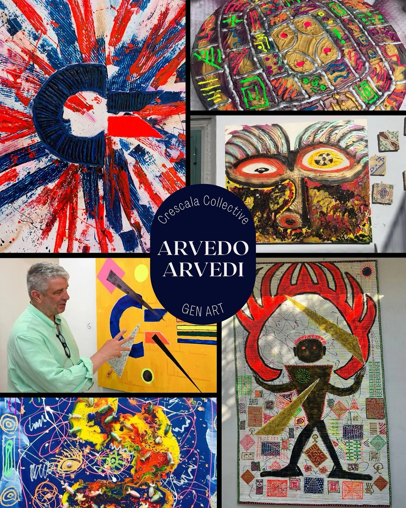 We are honored to welcome Arvedo Arvedi to the Crescala Collective. For more than three decades, Arvedo has created a powerful visual language that bridges ancient memory with contemporary vision, painting with hands, brushes, and pipettes in works i